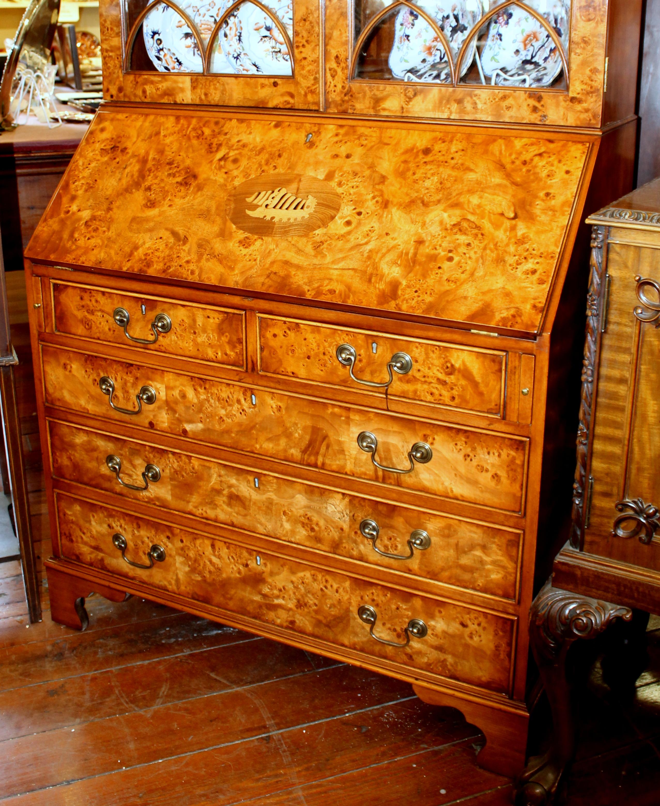 English Bench-Made Inlaid Burr Elm Chippendale Style Bureau Bookcase/ Secretary In New Condition In Charleston, SC