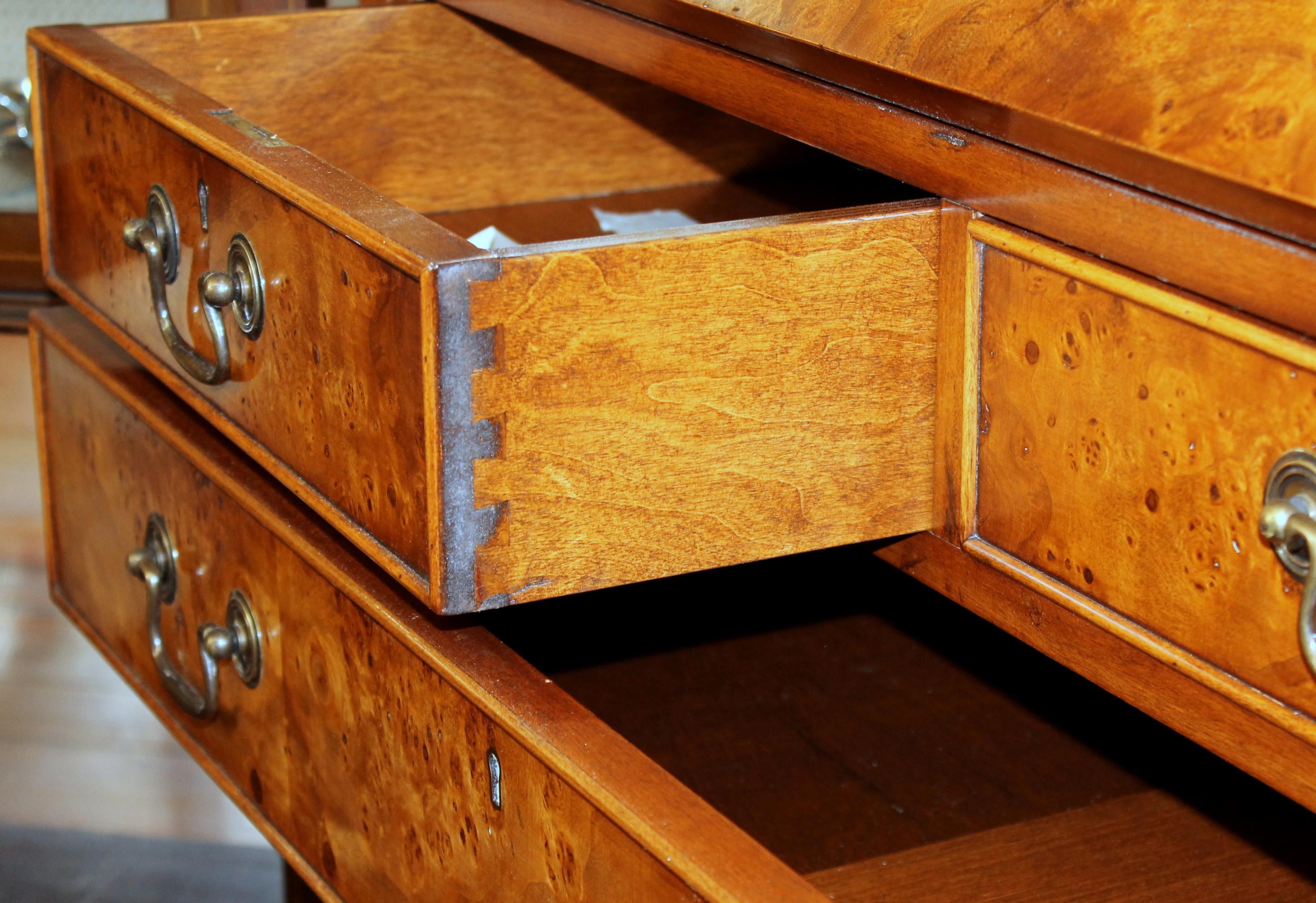 English Bench-Made Inlaid Burr Elm Chippendale Style Bureau Bookcase/ Secretary 2