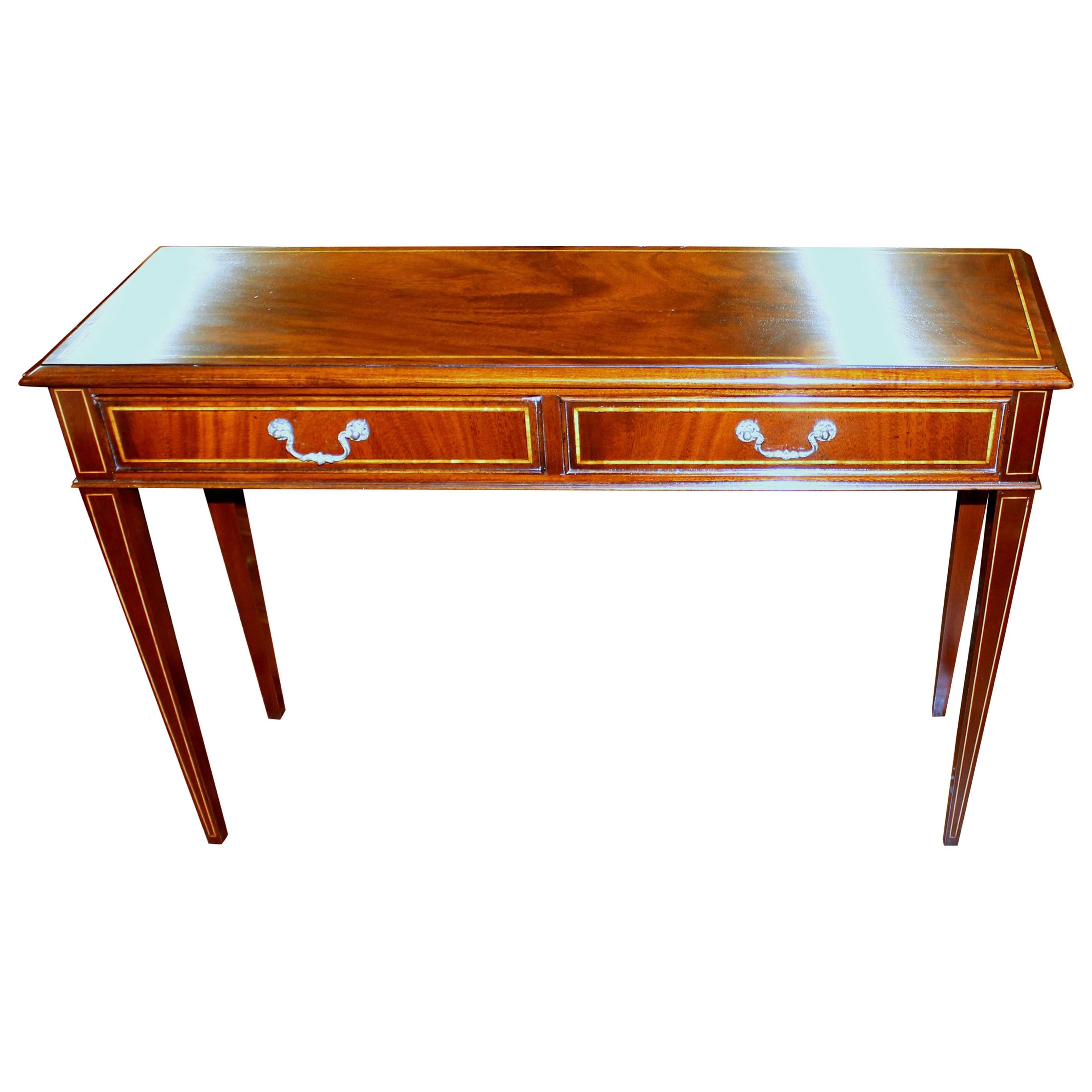 English Bench Made Inlaid Flame Mahogany Two-Drawer Side Table or Narrow Console