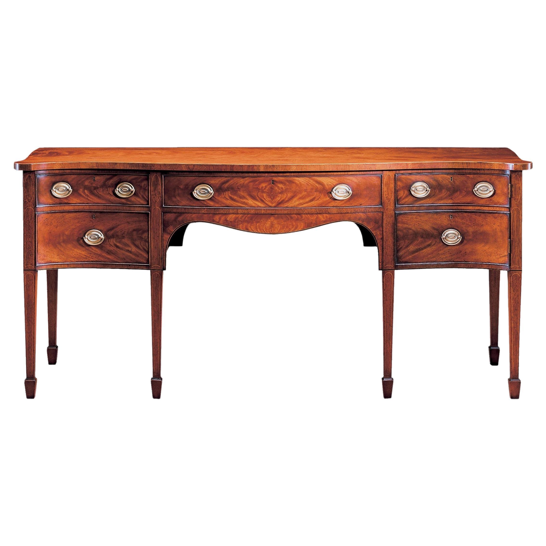 English Bench-Made Mahogany Sheraton Style Serpertine Shape Sideboard with Inlay For Sale