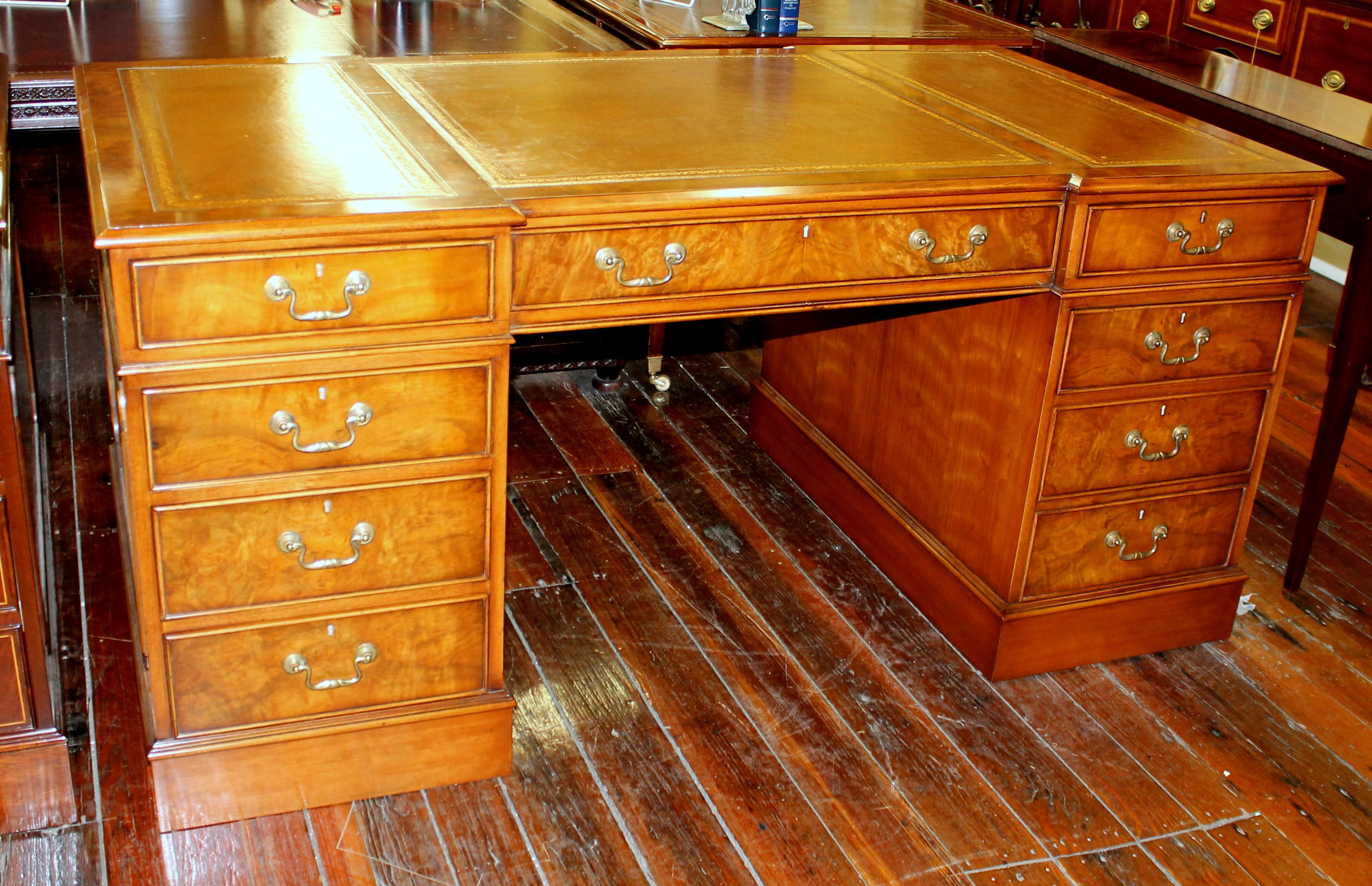 English Bench Made Reprod. Burr Elm Chippendale Style Pedestal Partner's Desk 11