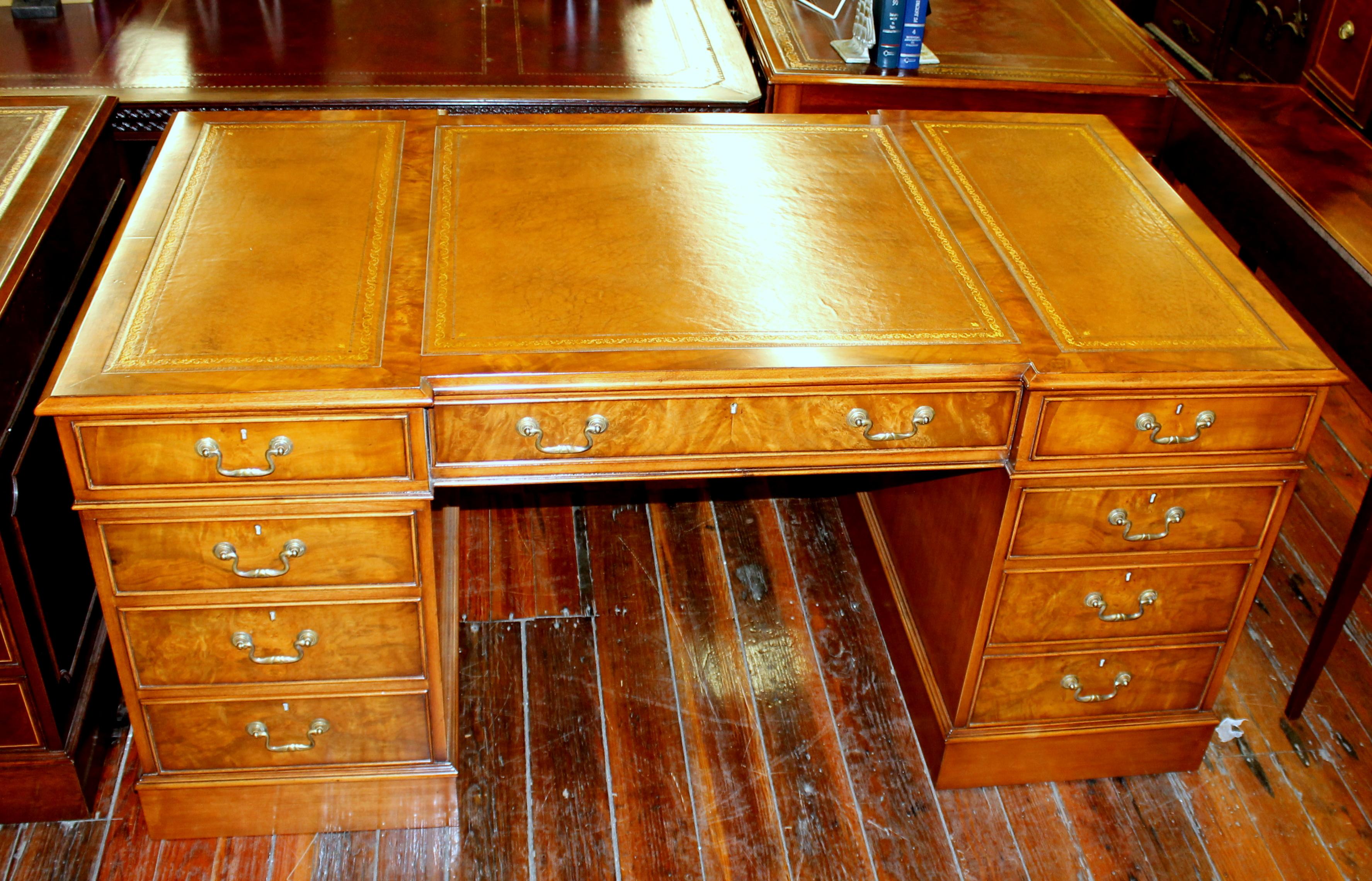 English Bench Made Reprod. Burr Elm Chippendale Style Pedestal Partner's Desk 12