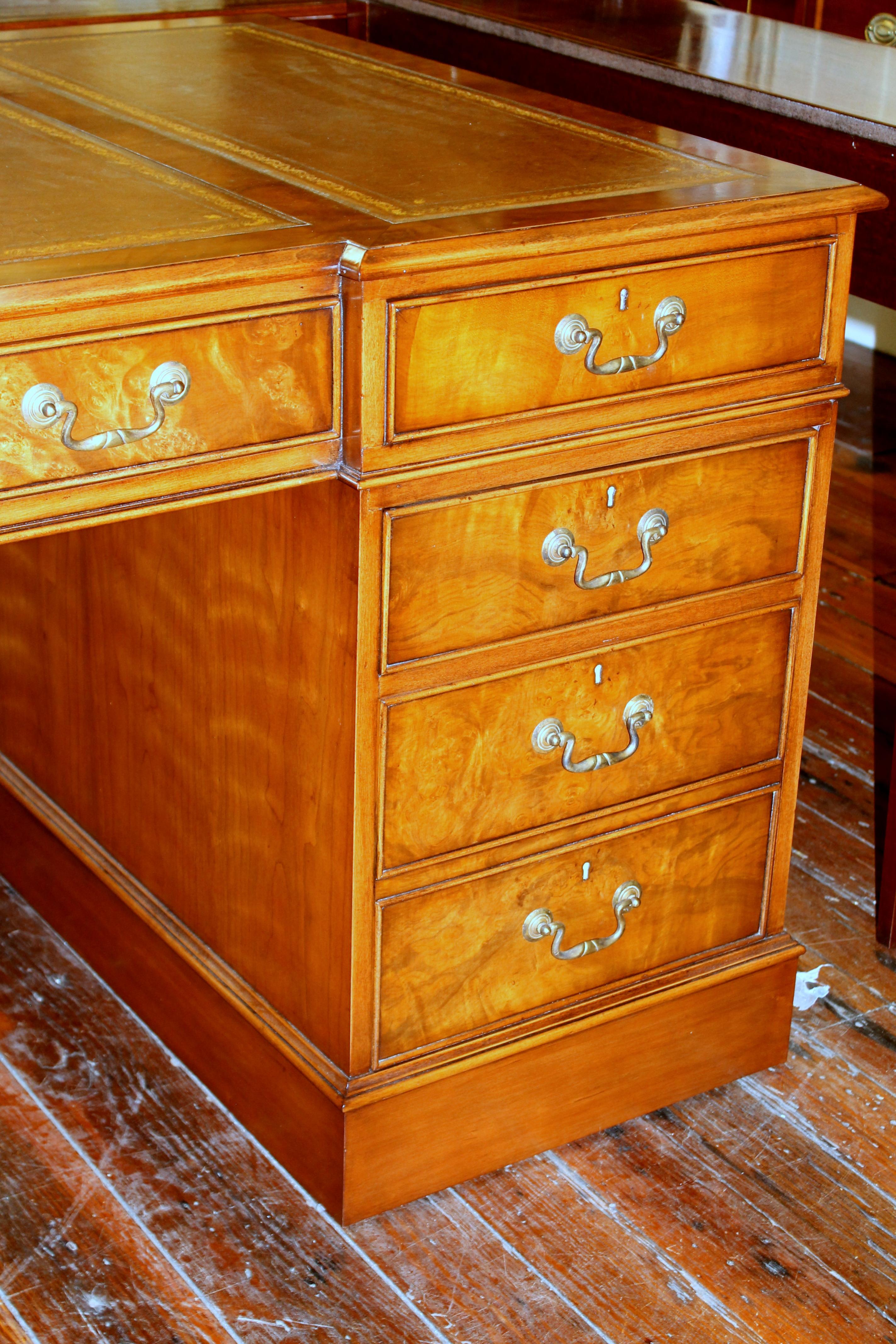 English Bench Made Reprod. Burr Elm Chippendale Style Pedestal Partner's Desk 14