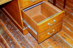 English Bench Made Reprod. Burr Elm Chippendale Style Pedestal Partner's Desk