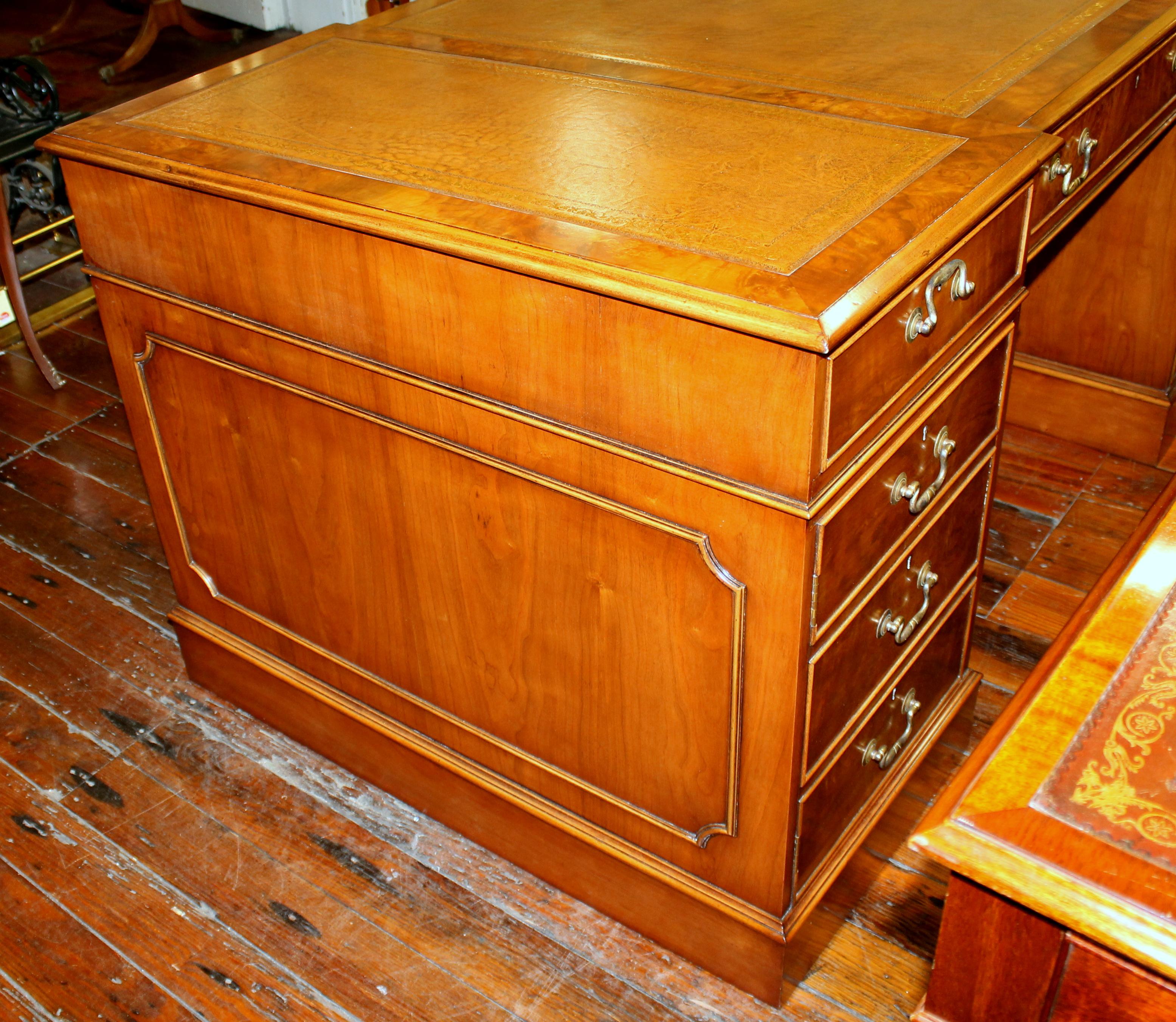 English Bench Made Reprod. Burr Elm Chippendale Style Pedestal Partner's Desk 3