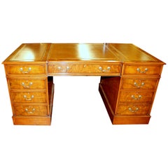 English Bench Made Reprod. Burr Elm Chippendale Style Pedestal Partner's Desk