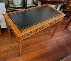 English Bench Made Reprod. Burr Elm Hepplewhite Style Leather Top Writing Table