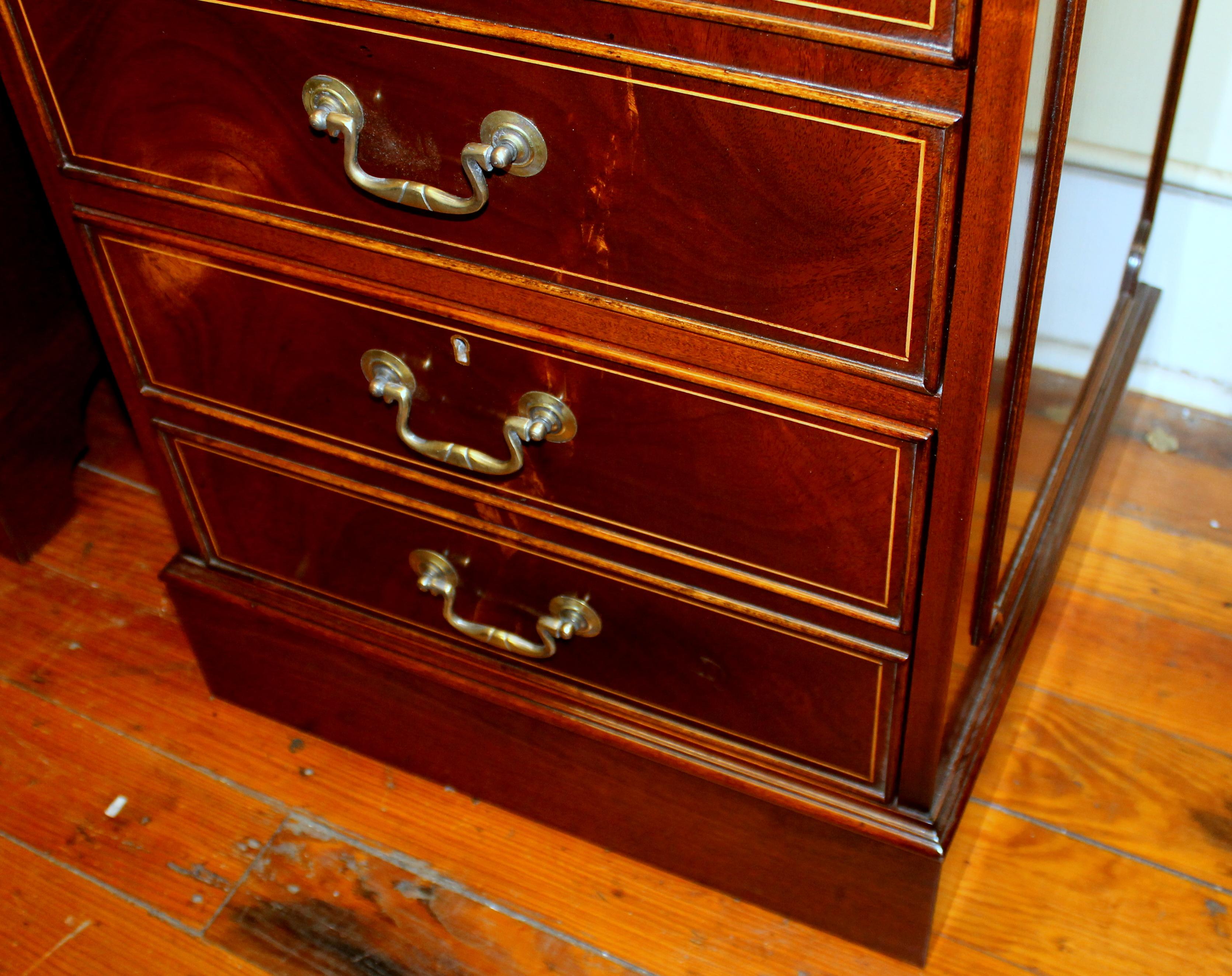 English Bench-Made Reprod, Inlaid Mahogany Two-Drawer File Cabinet with Leather 2