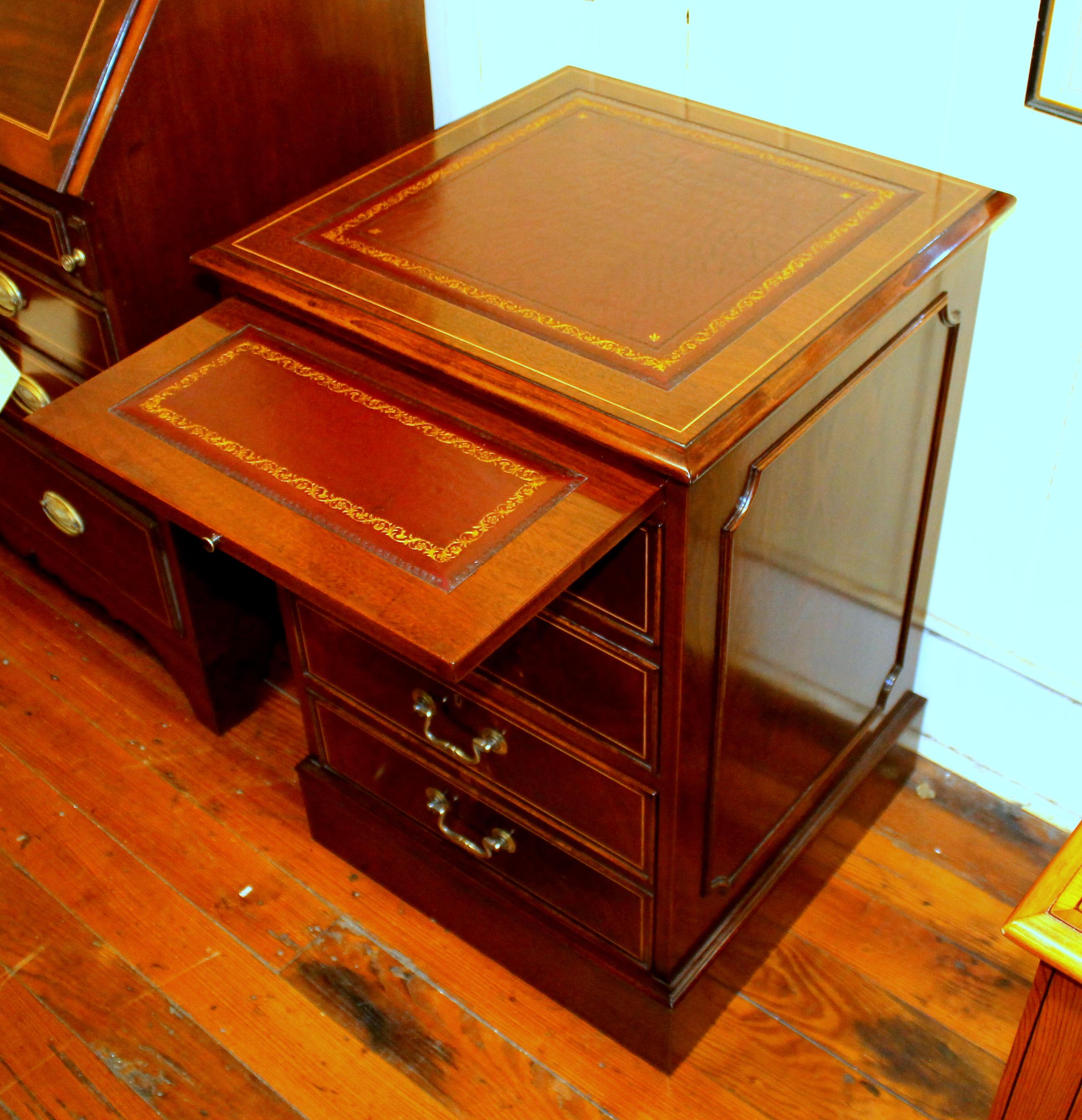 English Bench-Made Reprod, Inlaid Mahogany Two-Drawer File Cabinet with Leather 3