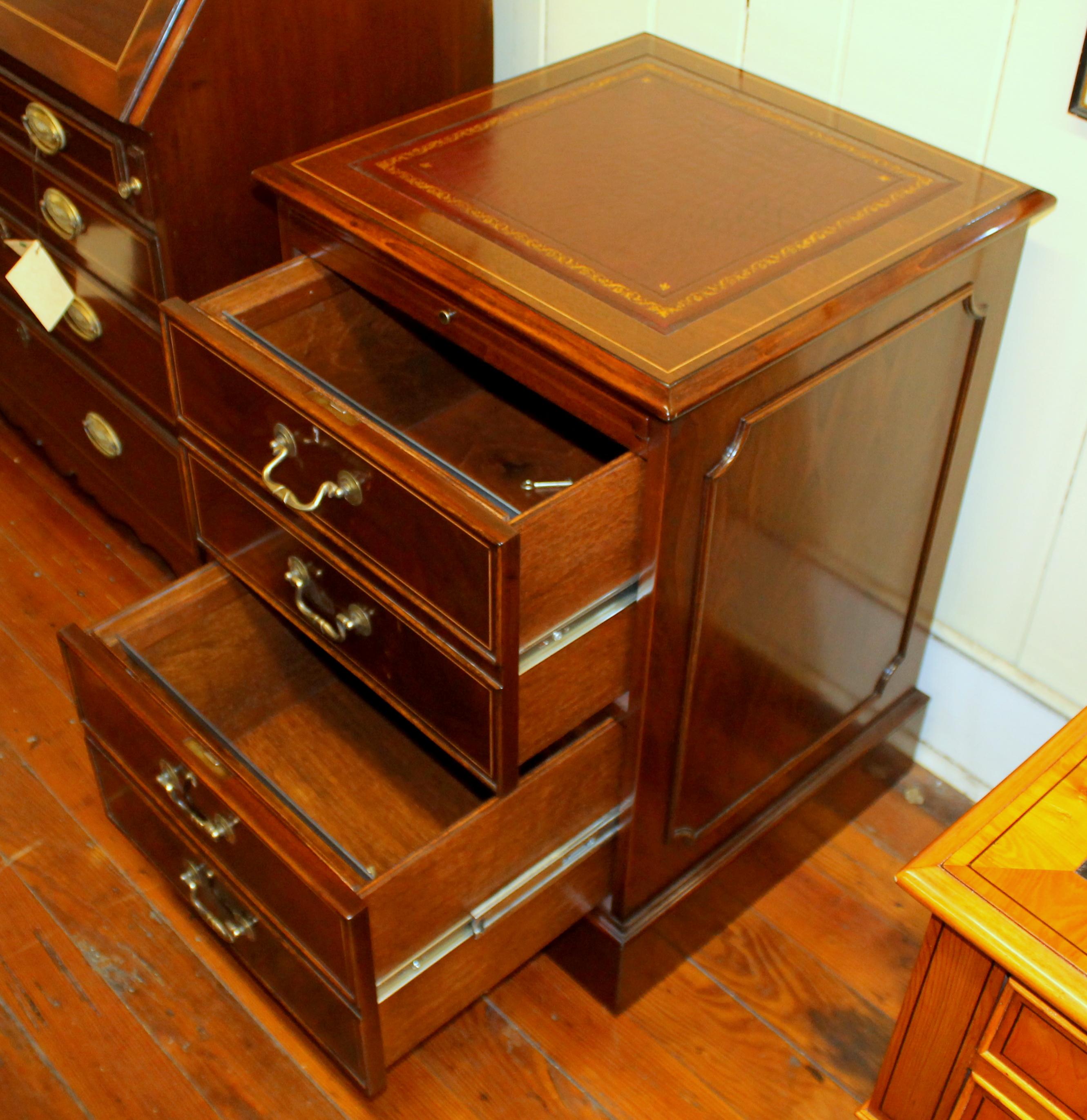 Inlay English Bench-Made Reprod, Inlaid Mahogany Two-Drawer File Cabinet with Leather