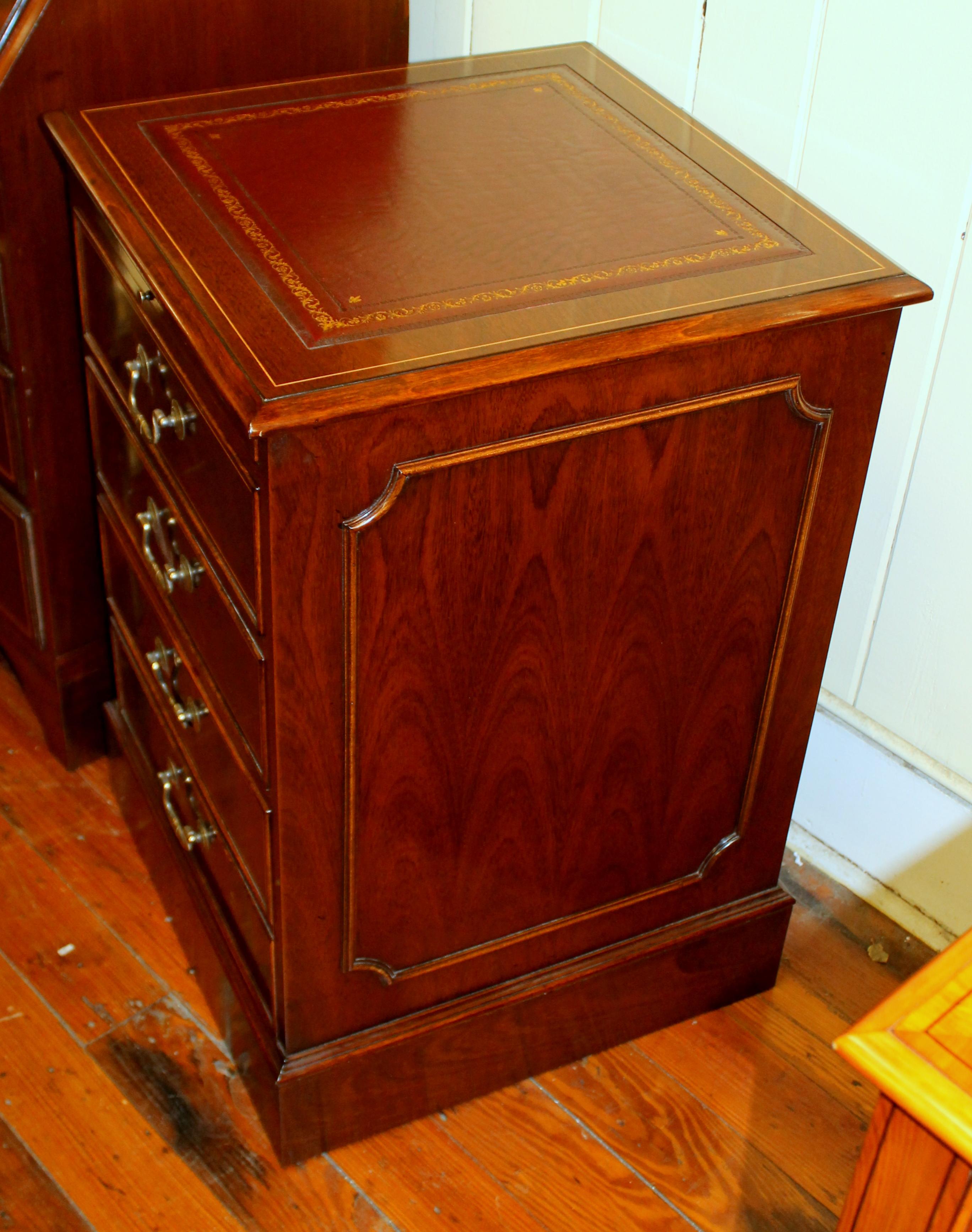 English Bench-Made Reprod, Inlaid Mahogany Two-Drawer File Cabinet with Leather In New Condition In Charleston, SC
