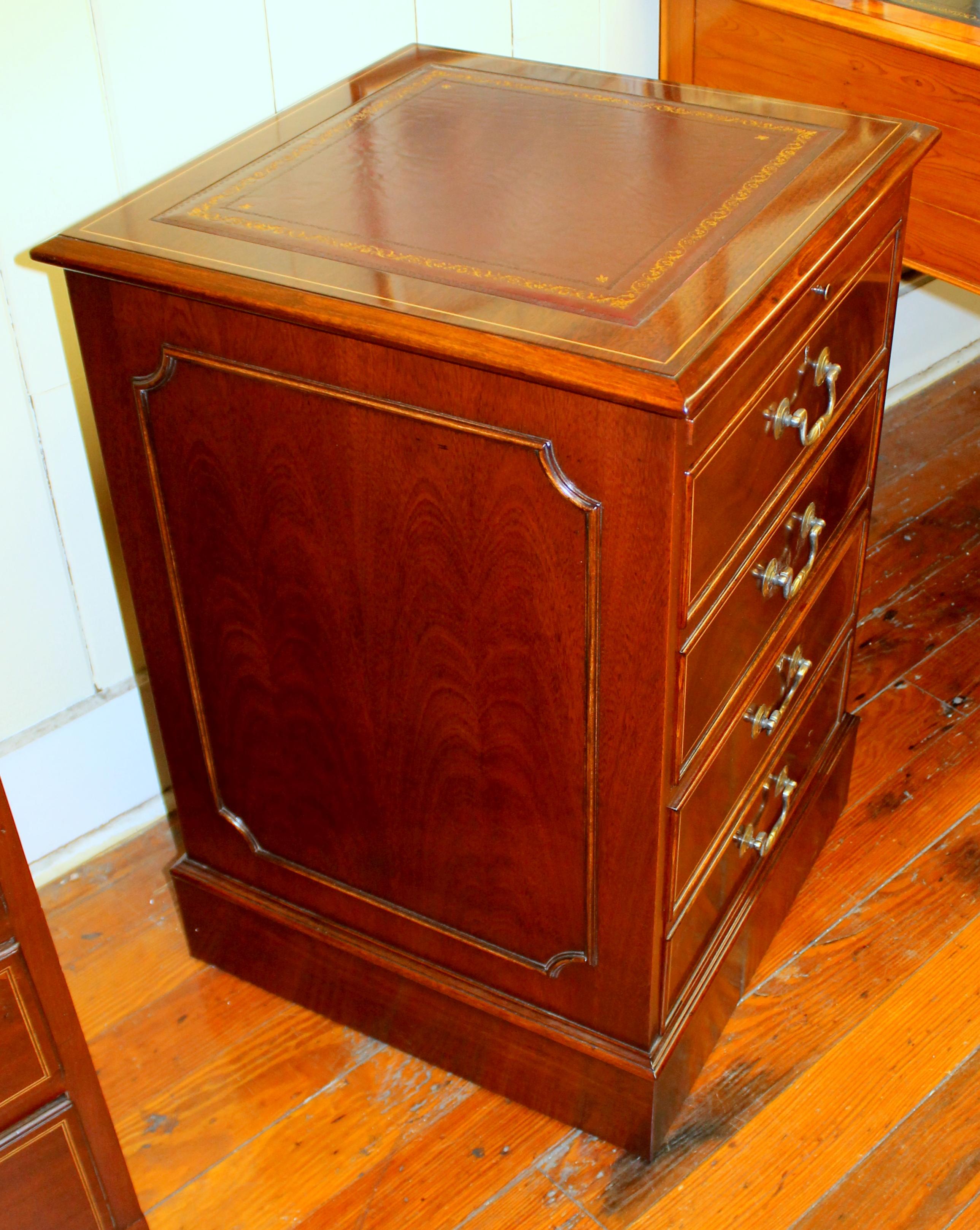 Contemporary English Bench-Made Reprod, Inlaid Mahogany Two-Drawer File Cabinet with Leather