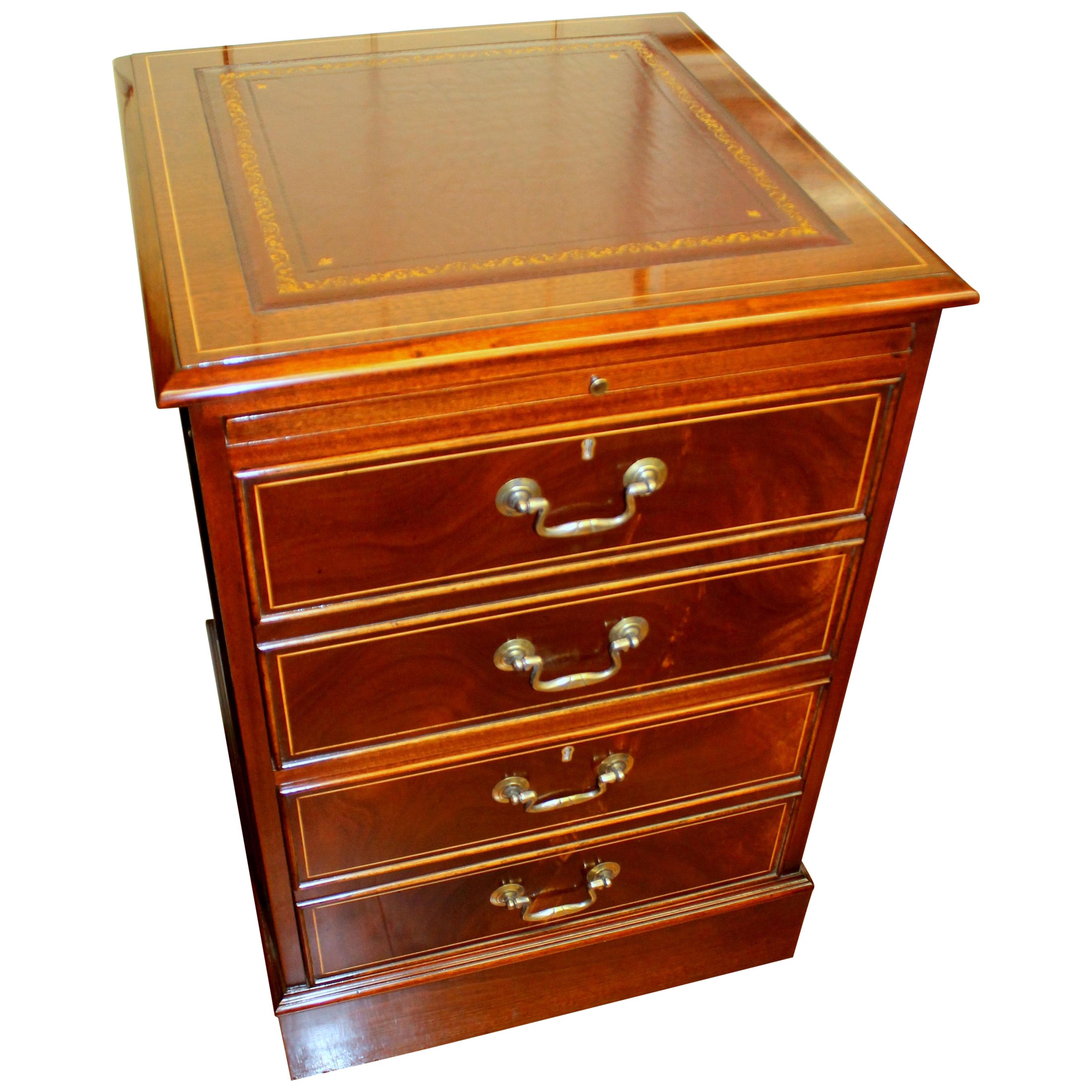 English Bench-Made Reprod, Inlaid Mahogany Two-Drawer File Cabinet with Leather