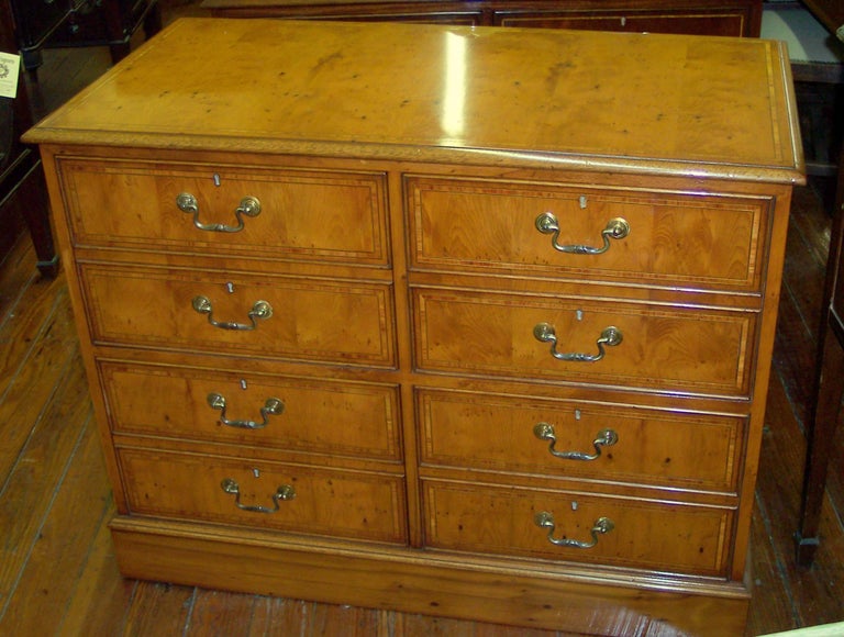 English Bench Made Reprod Inlaid Pippy Yew Wood Four Drawer File