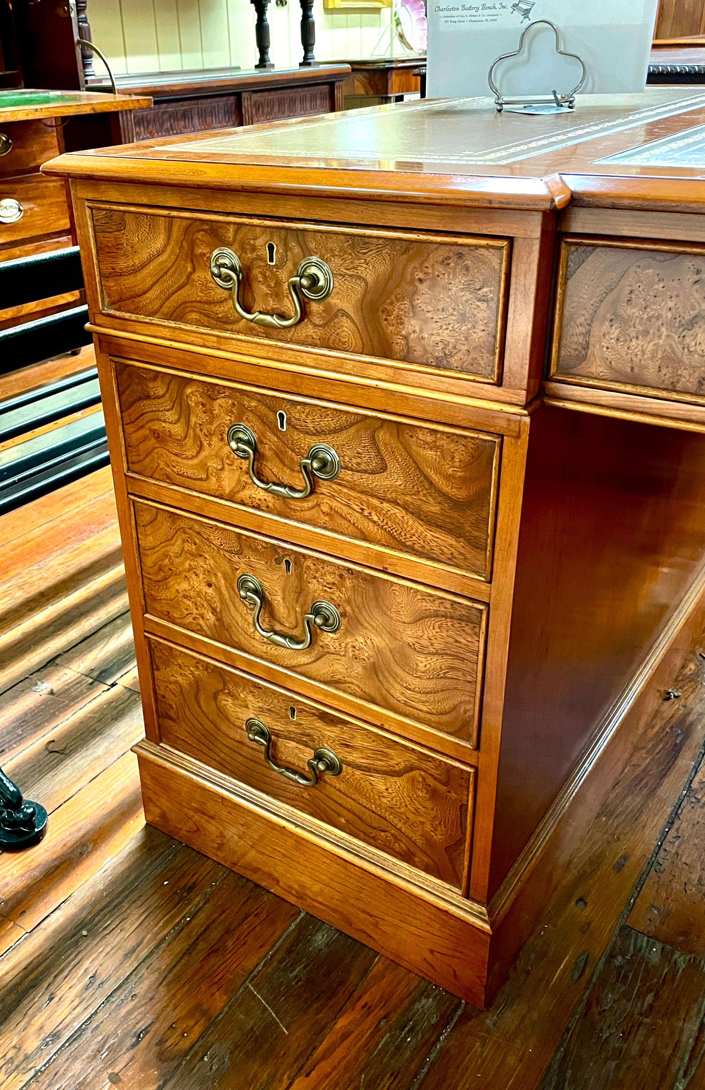 Chippendale English Bench Made Reproduction Pedestal Partner's Desk, Burr Elm, Chipp. Style For Sale