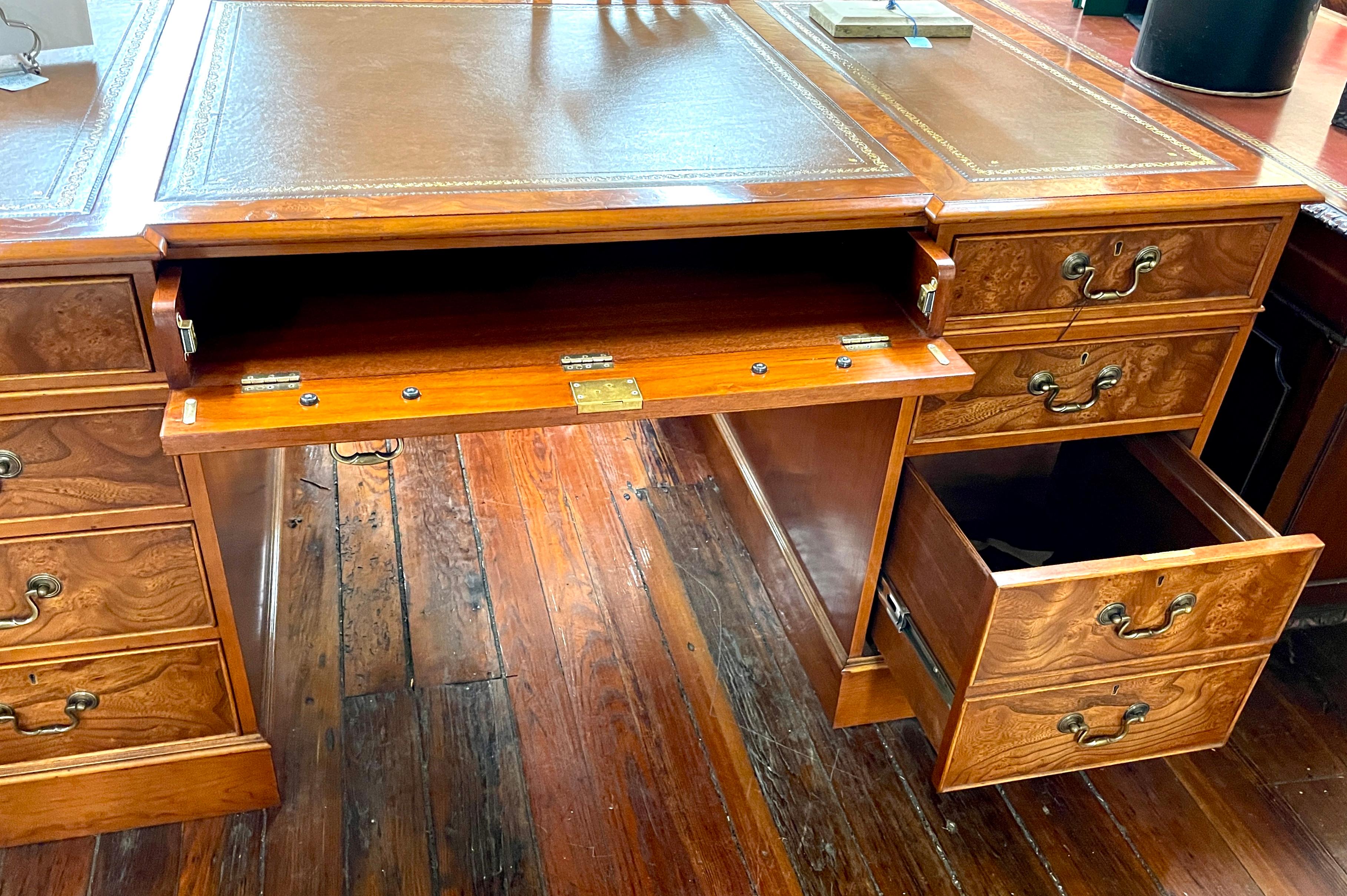 Hand-Crafted English Bench Made Reproduction Pedestal Partner's Desk, Burr Elm, Chipp. Style For Sale