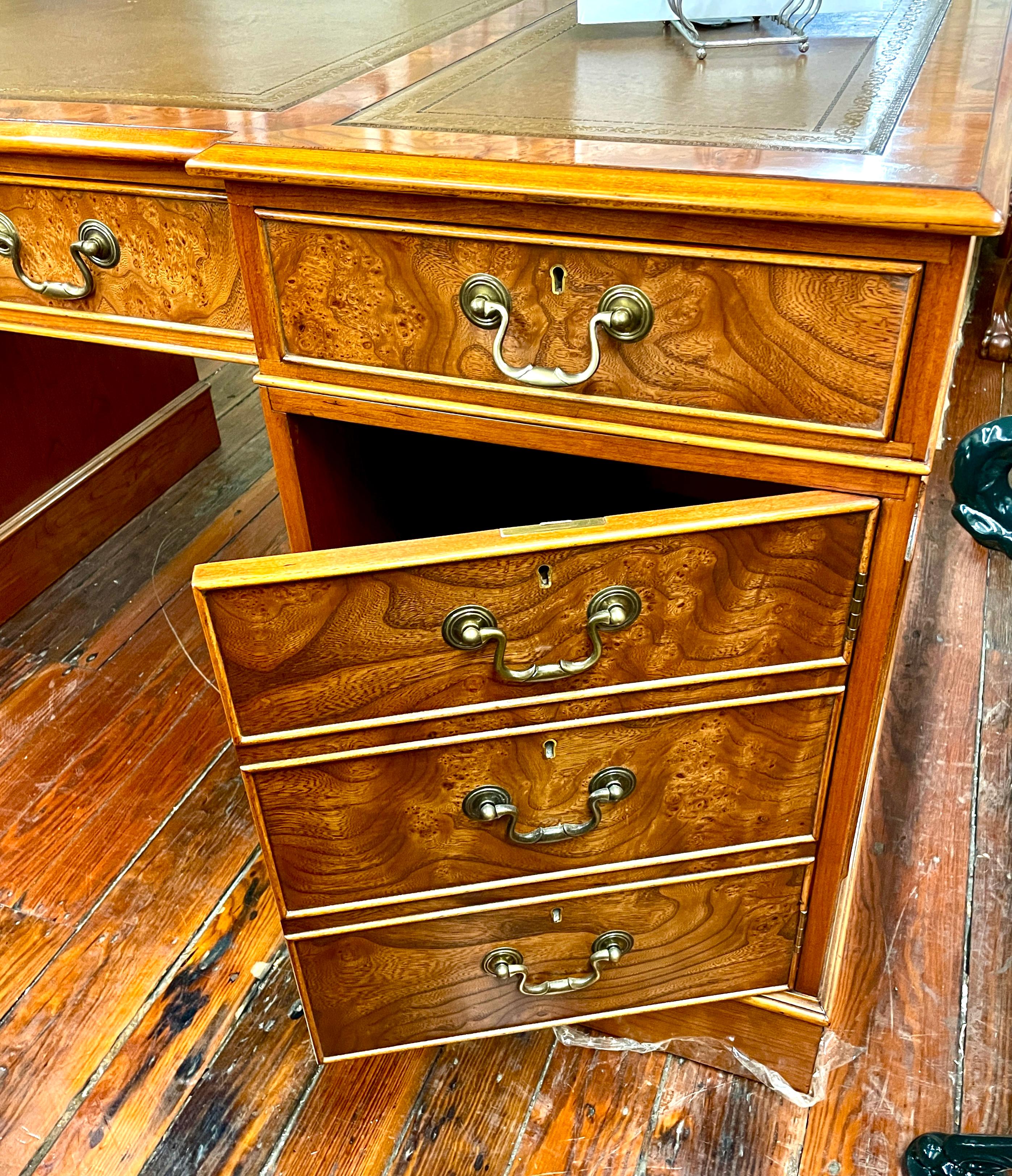 English Bench Made Reproduction Pedestal Partner's Desk, Burr Elm, Chipp. Style In New Condition For Sale In CHARLESTON, SC