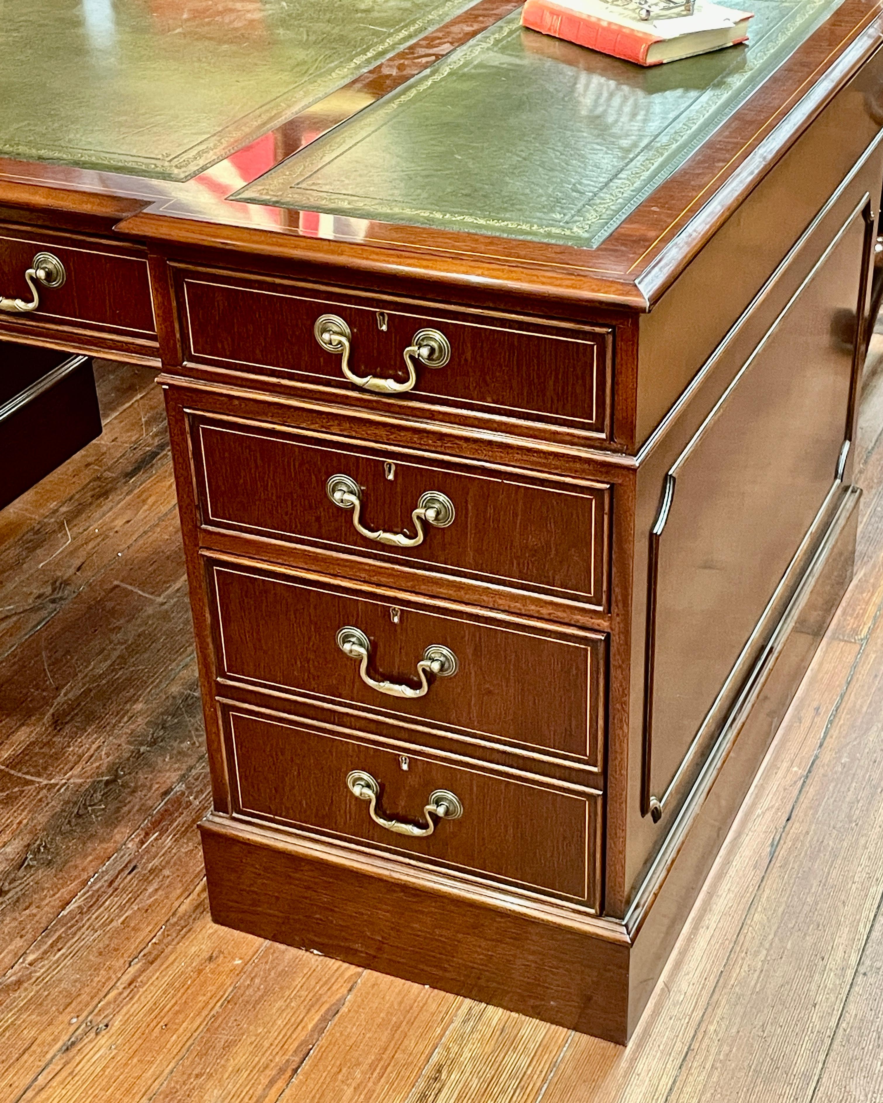 Due late October, 2025...

One of the finest British made inlaid mahogany pedestal Partner's Desk with finest British hide tooled and gilt leather surface.  This desk is made by our own proprietary cabinetmaking staff in the south of English from