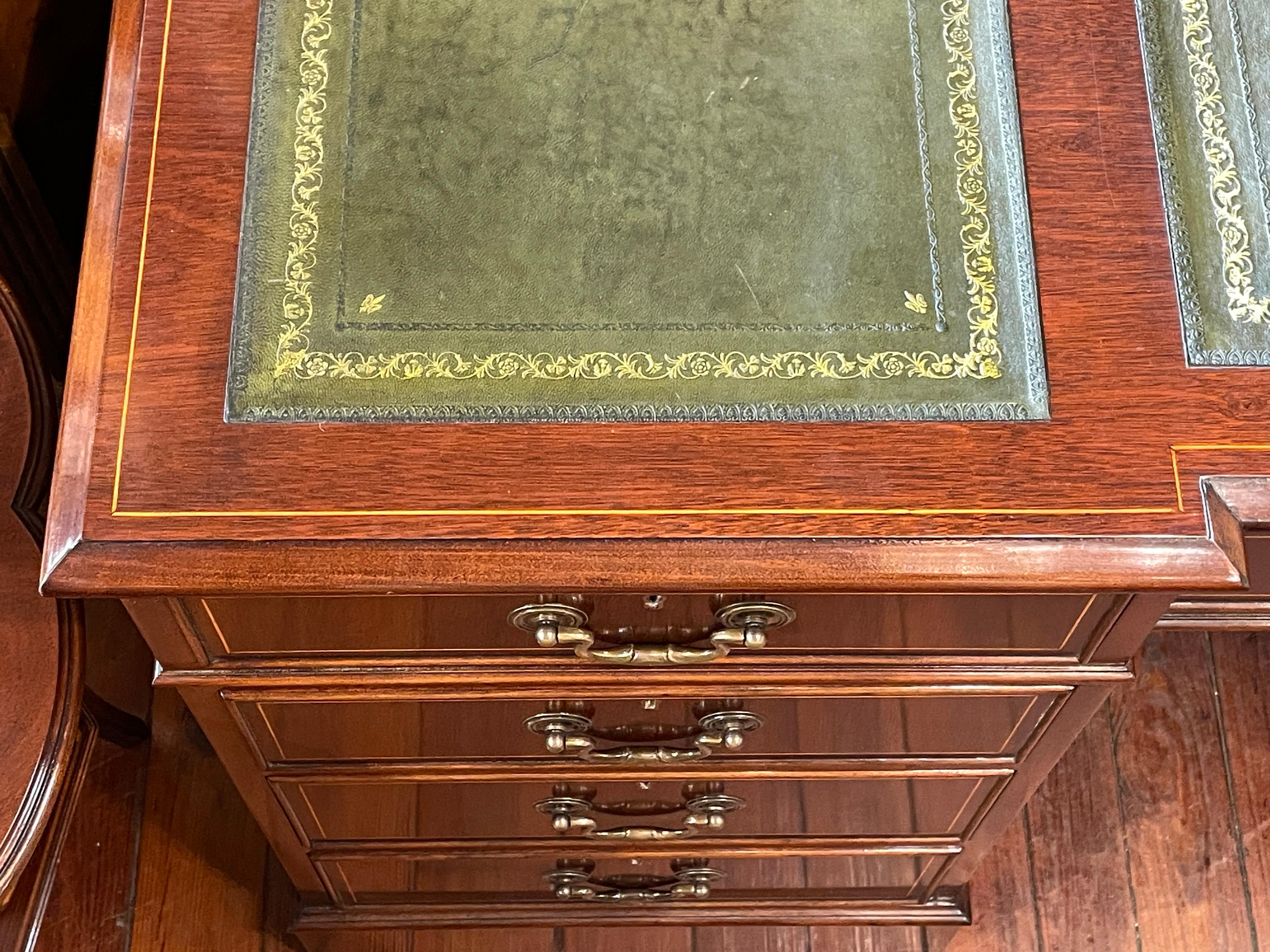 Hand-Crafted English Benchmade Inlaid Mahogany Chippendale Leather-top Pedestal Partners Desk For Sale