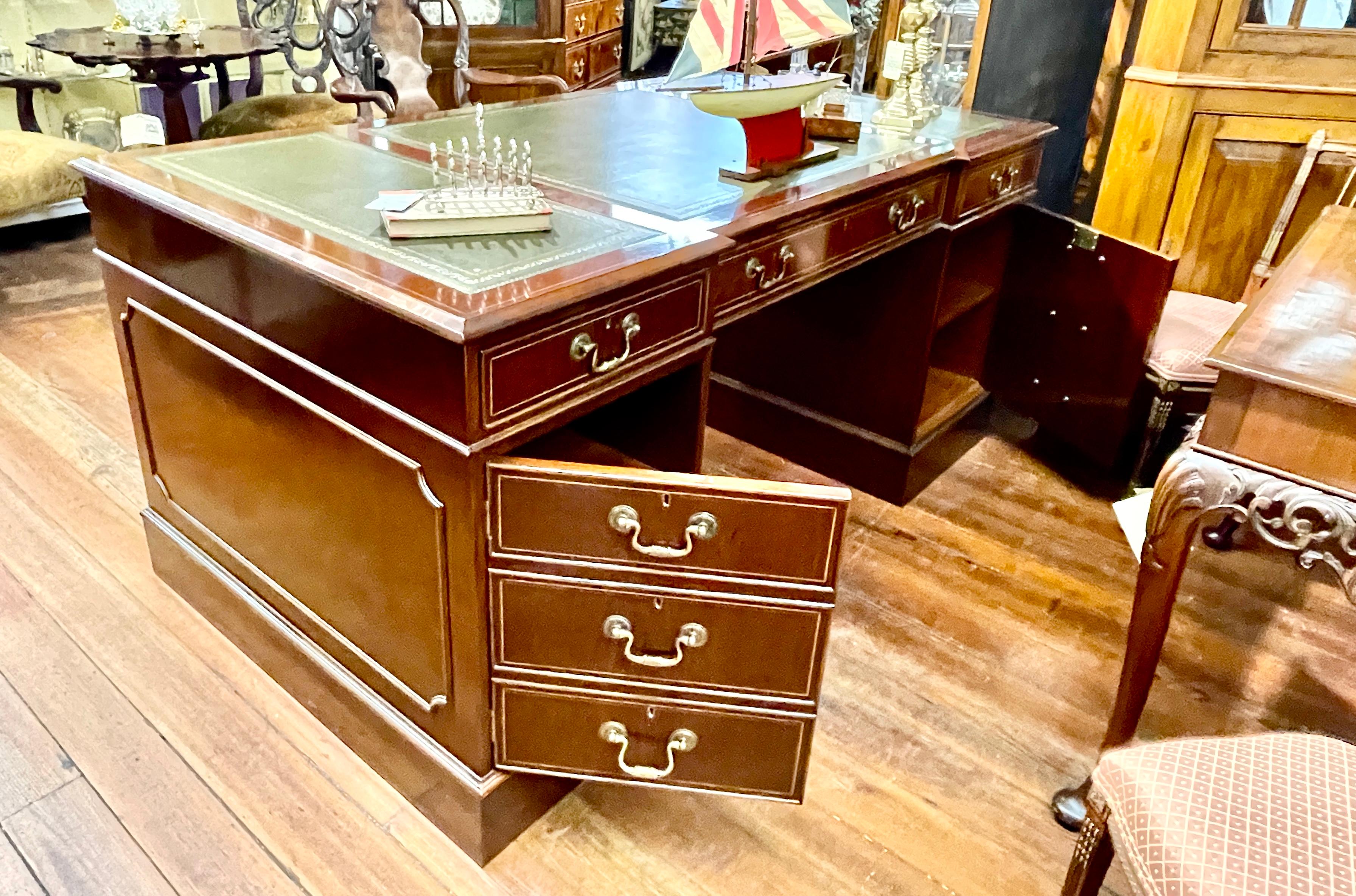 Contemporary English Benchmade Inlaid Mahogany Chippendale Leather-top Pedestal Partners Desk For Sale