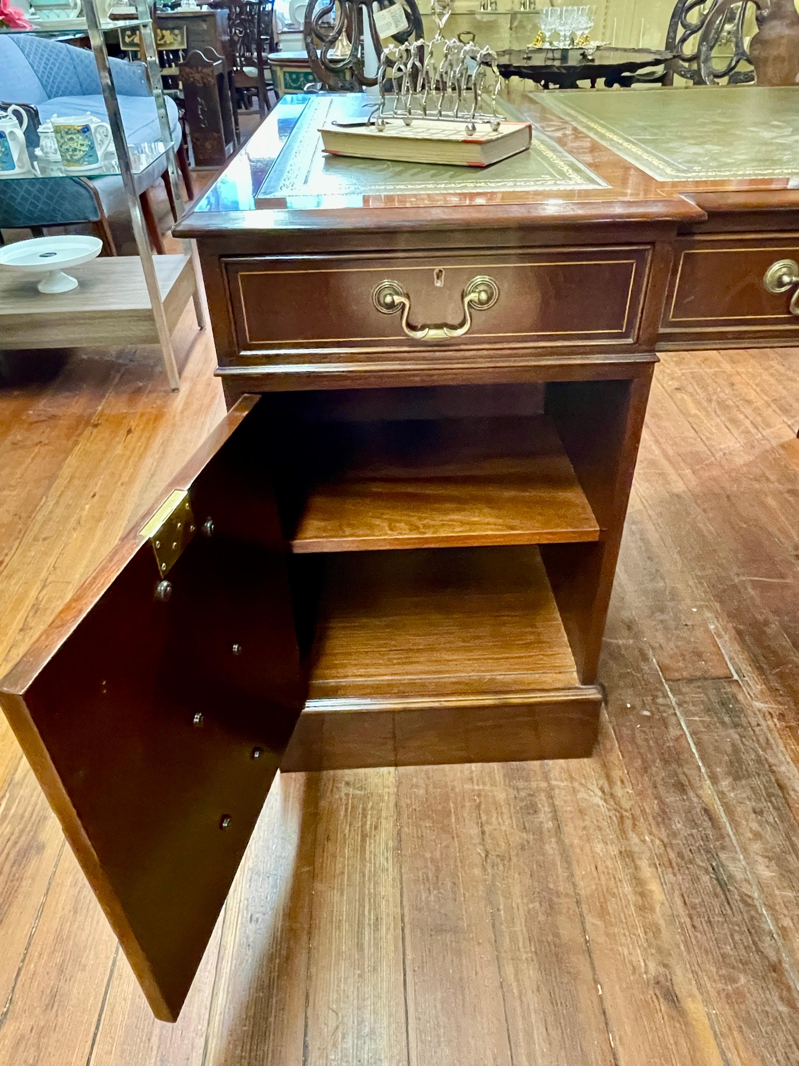 Brass English Benchmade Inlaid Mahogany Chippendale Leather-top Pedestal Partners Desk For Sale