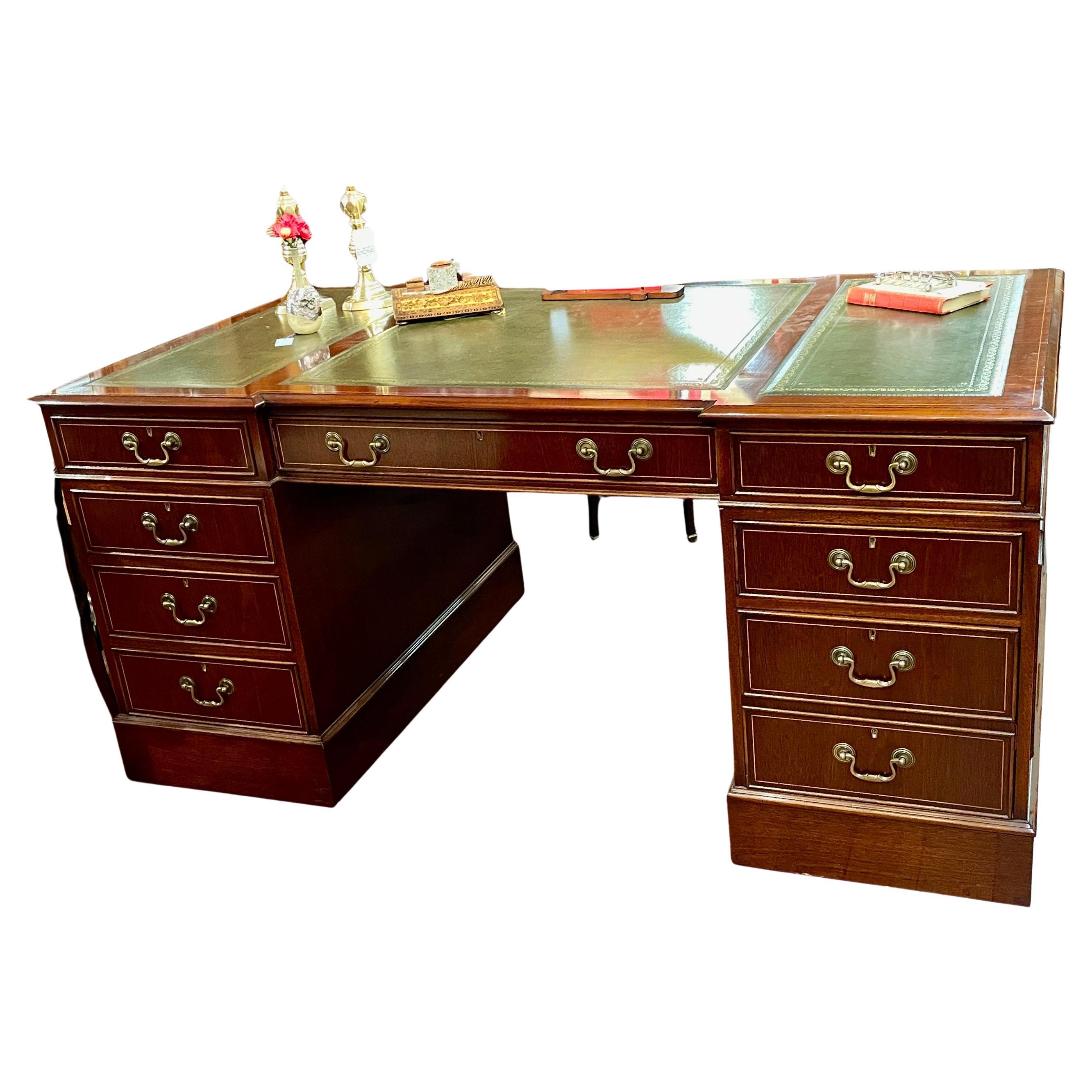 English Benchmade Inlaid Mahogany Chippendale Leather-top Pedestal Partners Desk For Sale