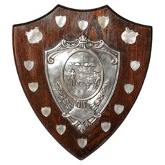 English Billiards Trophy Shield Plaque in Oak with Silvered Mount, circa 1900