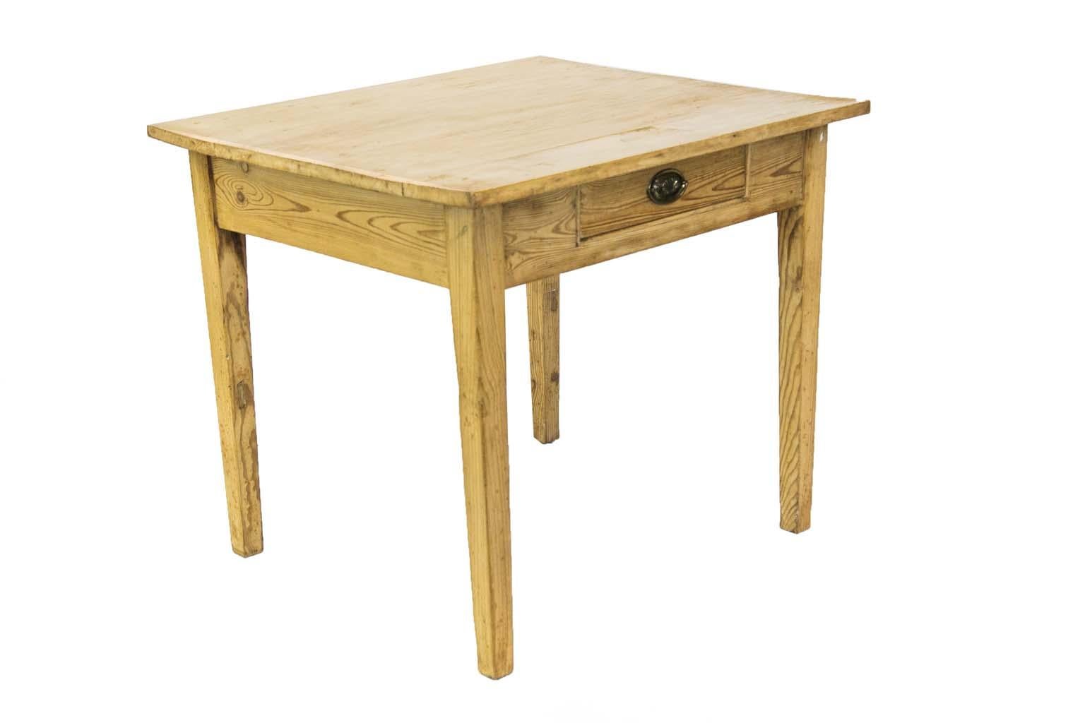 English birch and pine one drawer side table, the base is pine and top is birch. The drawer is surrounded by bullnose molding. It has a deep four board top.
 