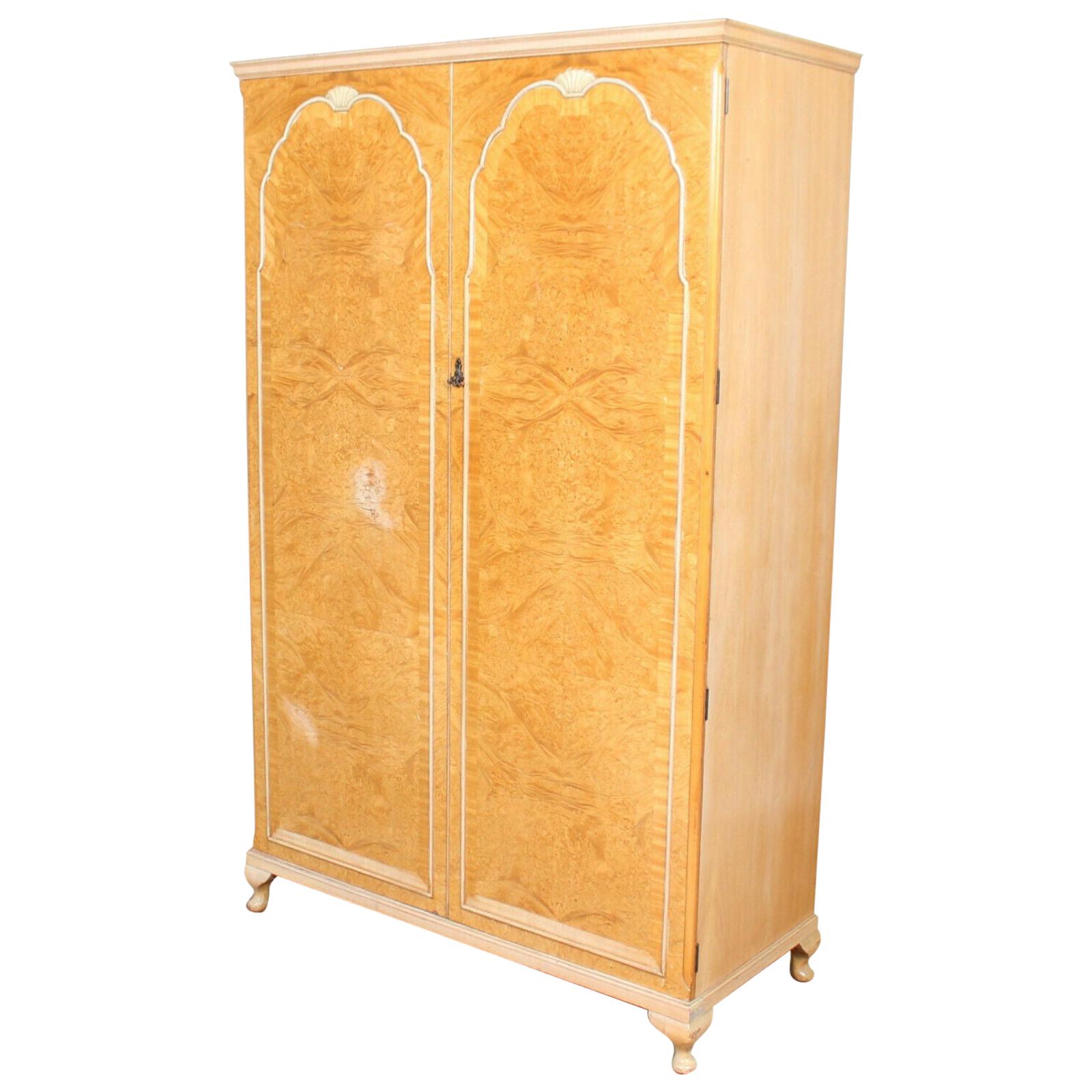 English Bird's-Eye Maple Wardrobe Fitted Armoire For Sale