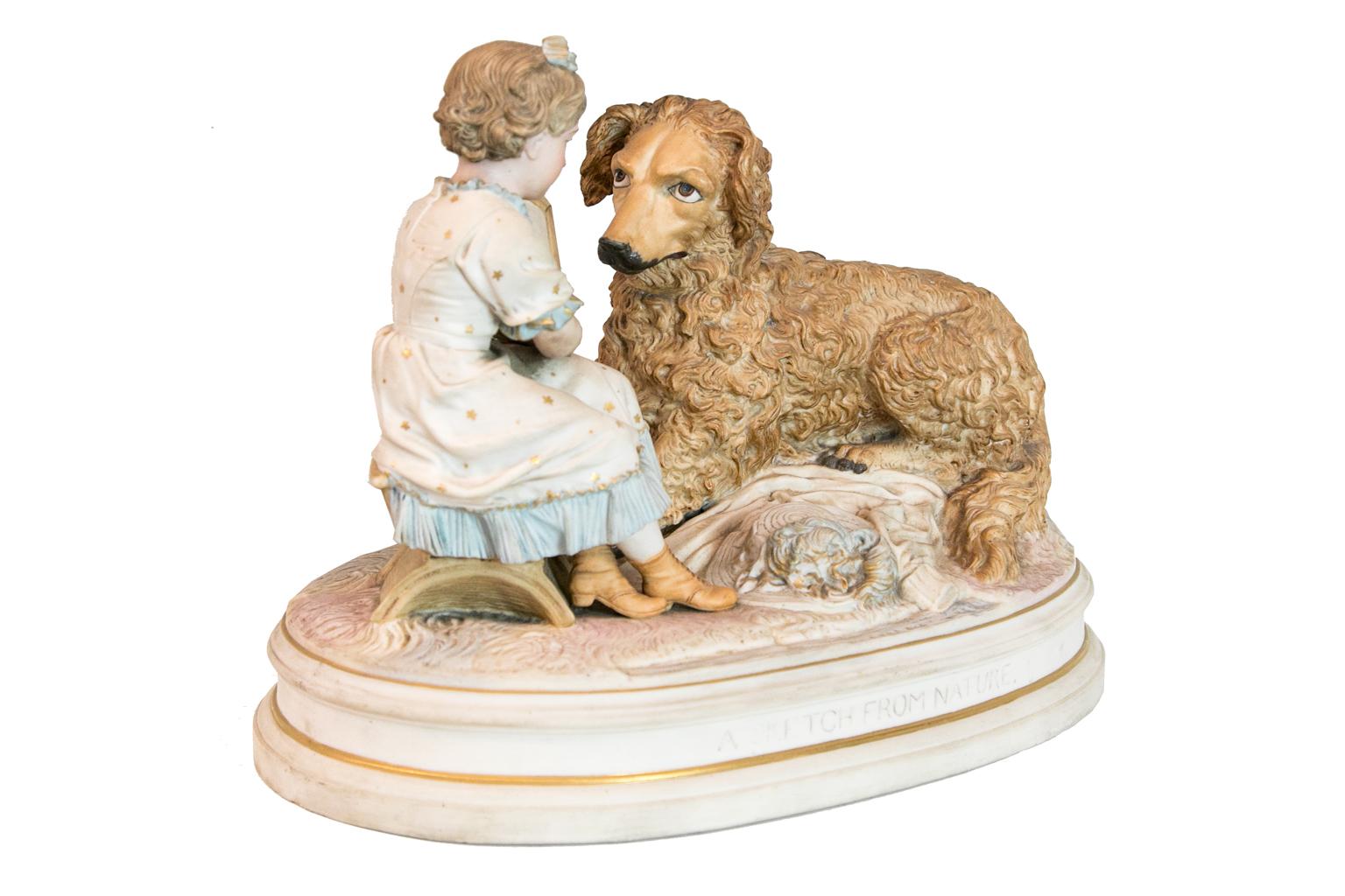 English bisque figural group depicts a figure of a fury dog with a girl illustrating a drawing of a dog. The title, 