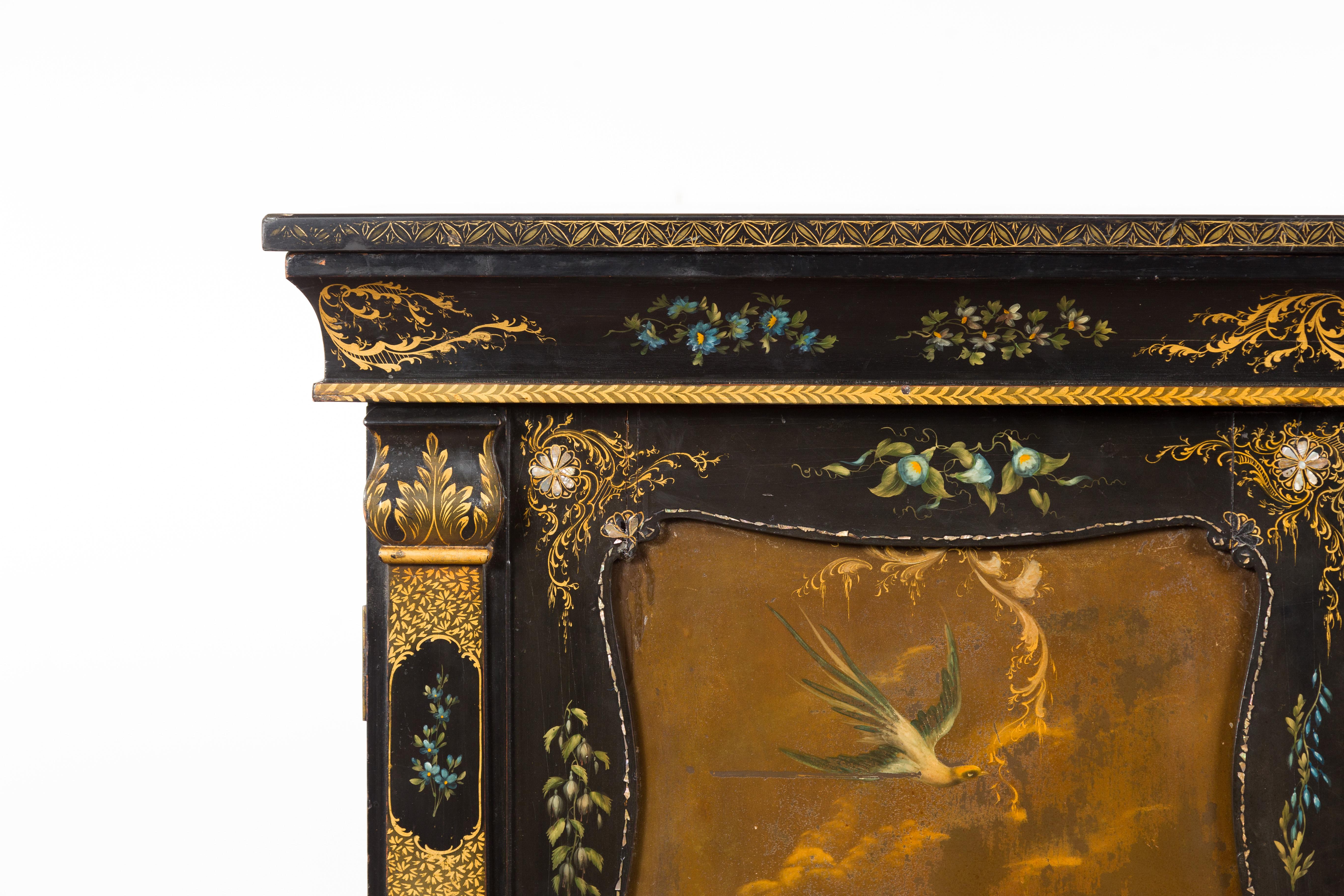 English Black and Gold 19th Century Cabinet with Painted Floral Marble Top 4