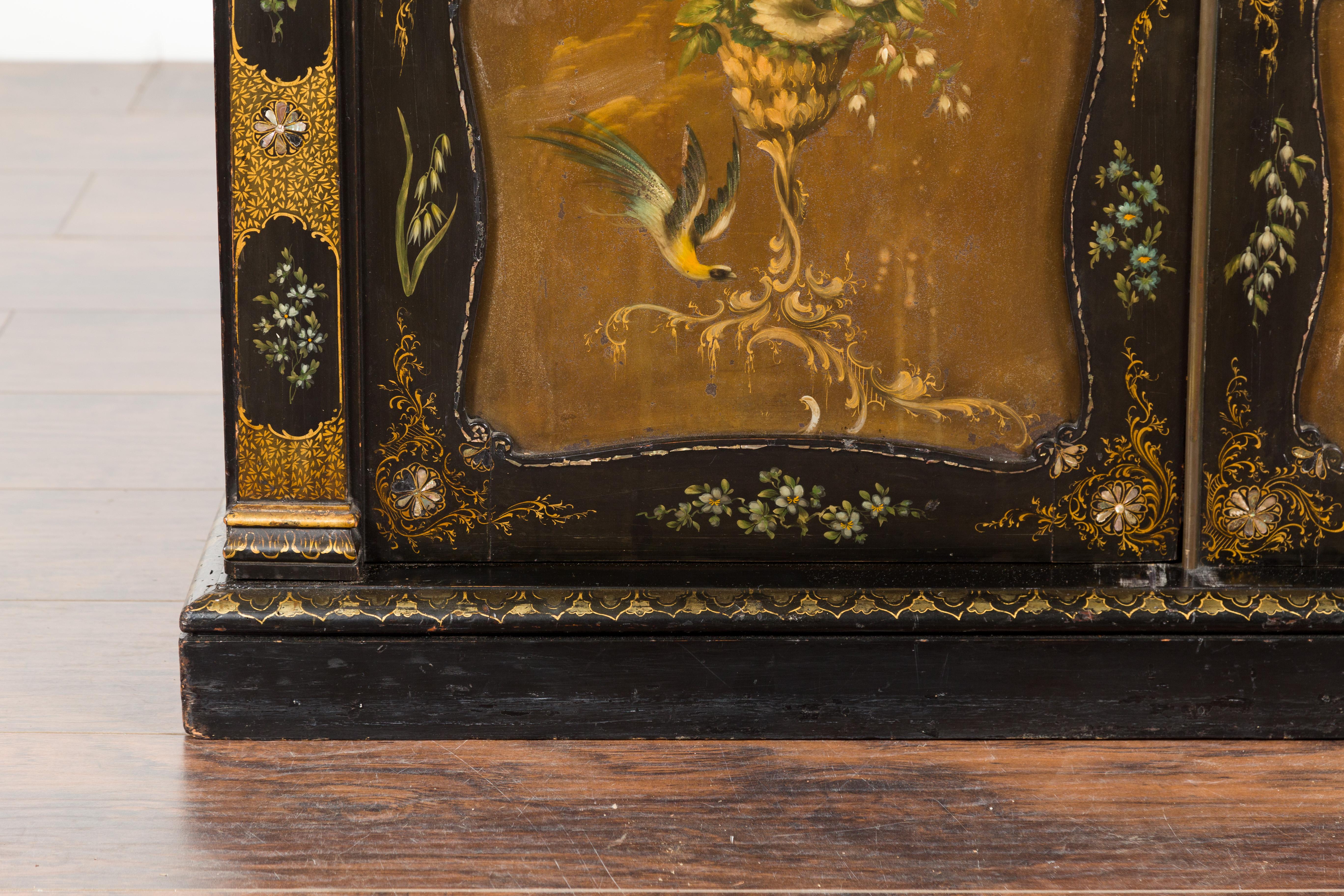 English Black and Gold 19th Century Cabinet with Painted Floral Marble Top 5