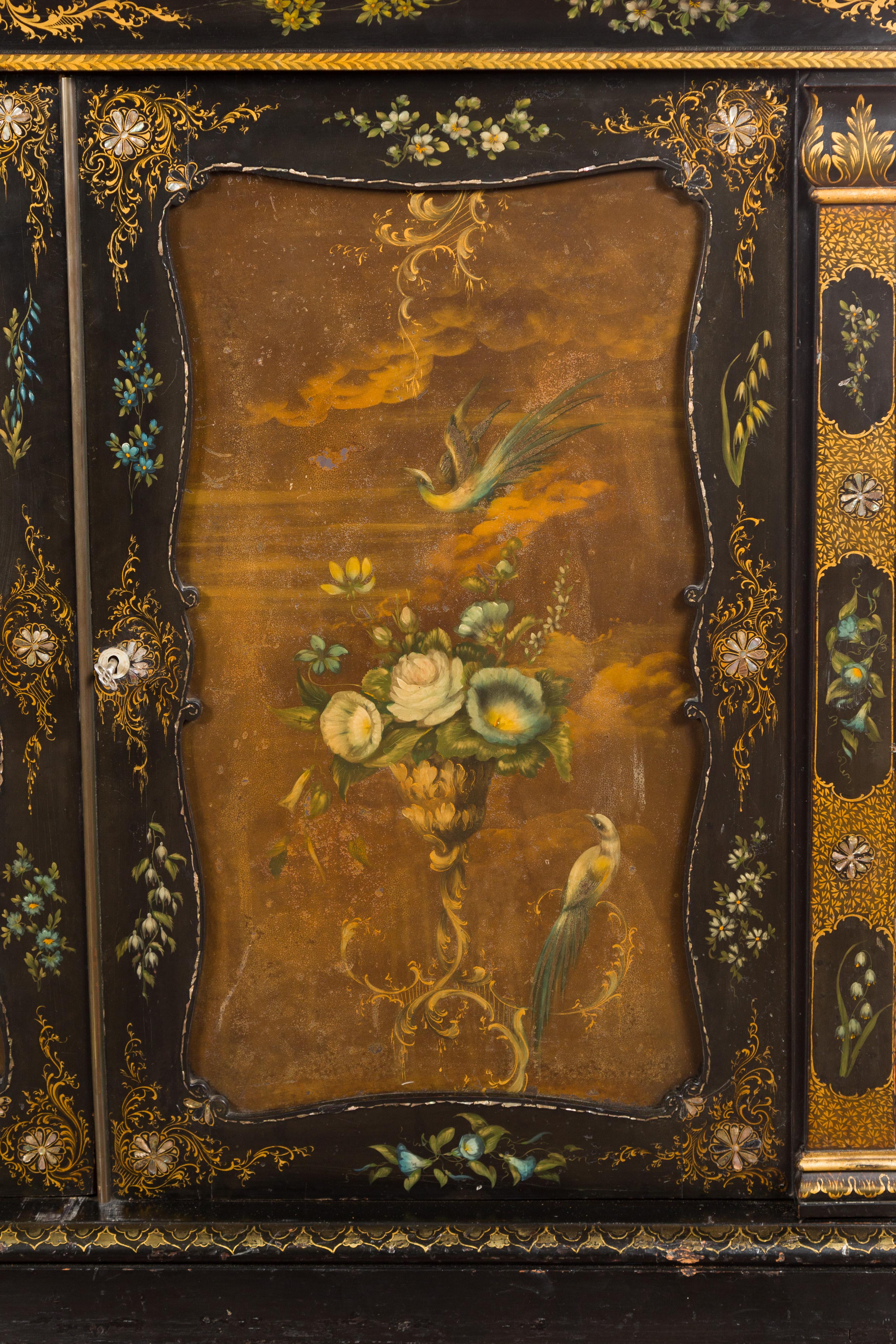 English Black and Gold 19th Century Cabinet with Painted Floral Marble Top 6