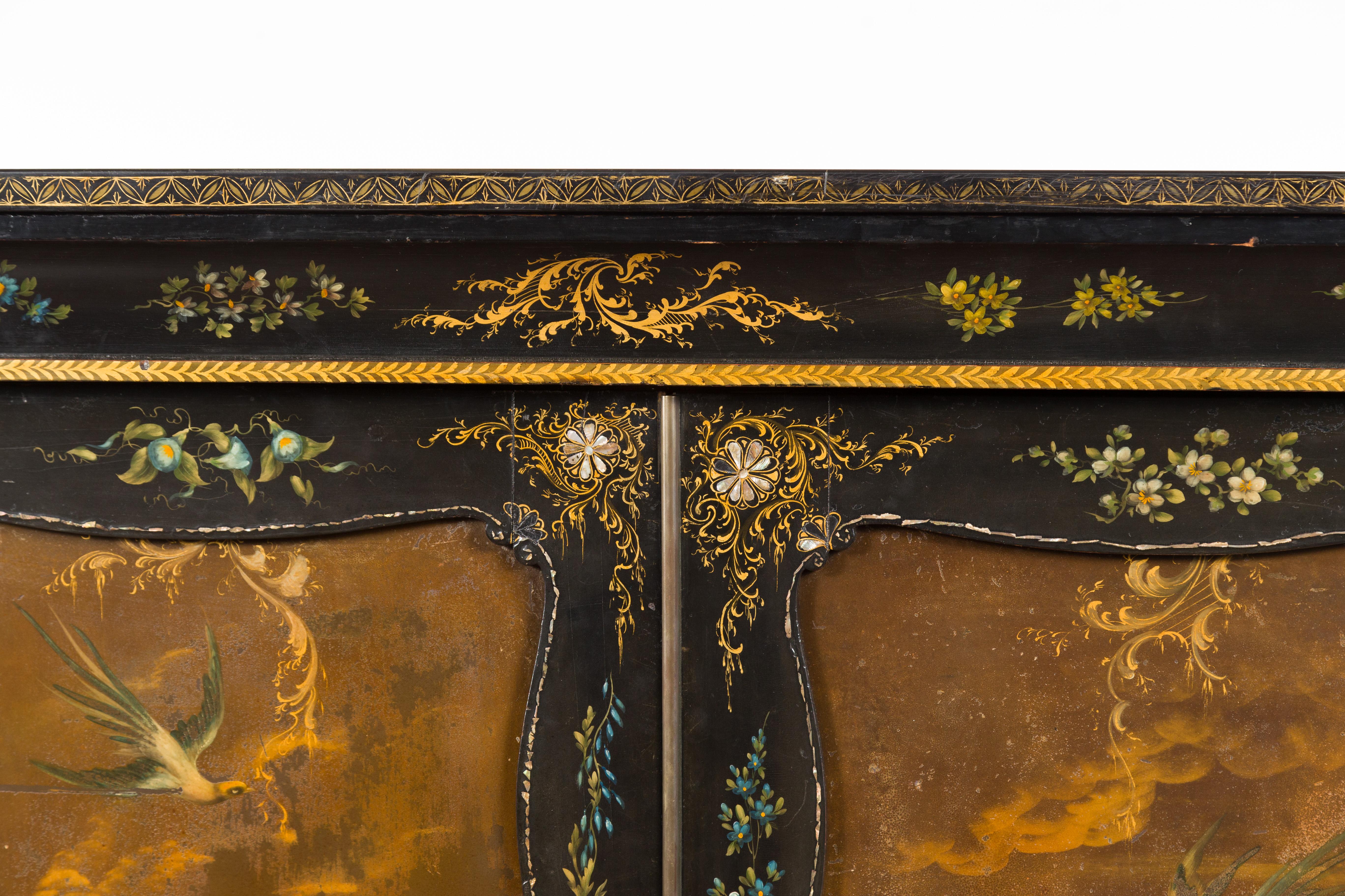 English Black and Gold 19th Century Cabinet with Painted Floral Marble Top 7