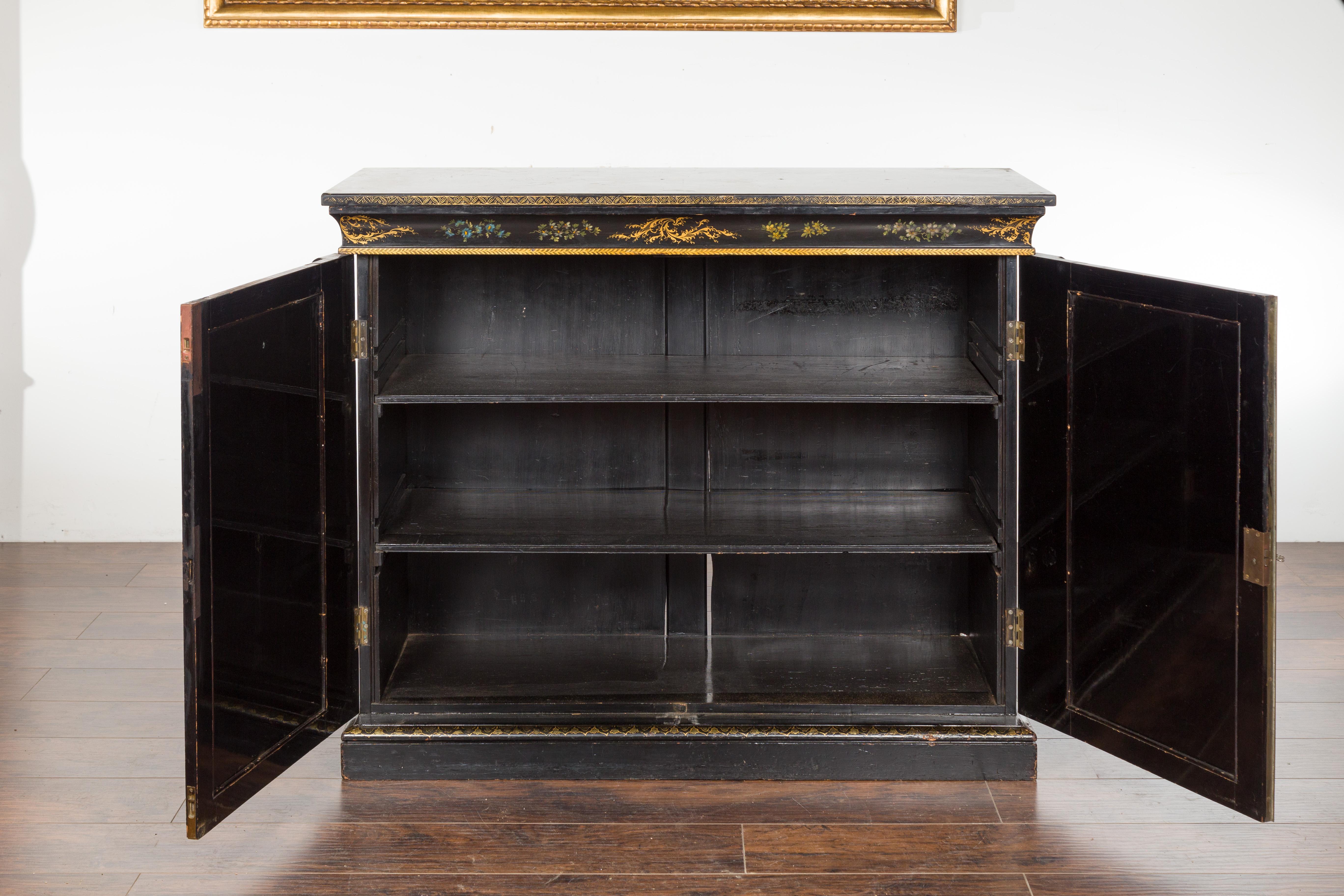 English Black and Gold 19th Century Cabinet with Painted Floral Marble Top 8