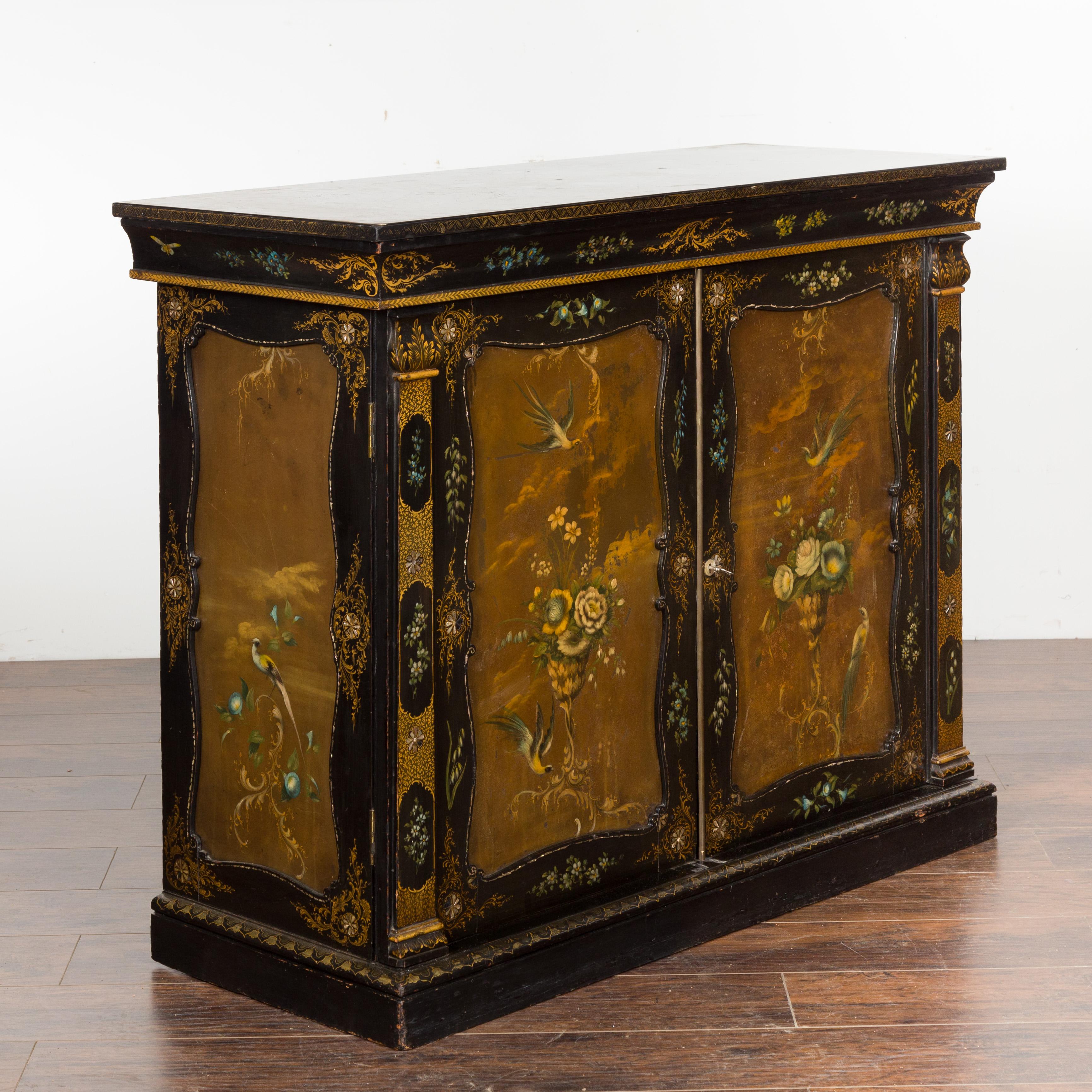 English Black and Gold 19th Century Cabinet with Painted Floral Marble Top 9
