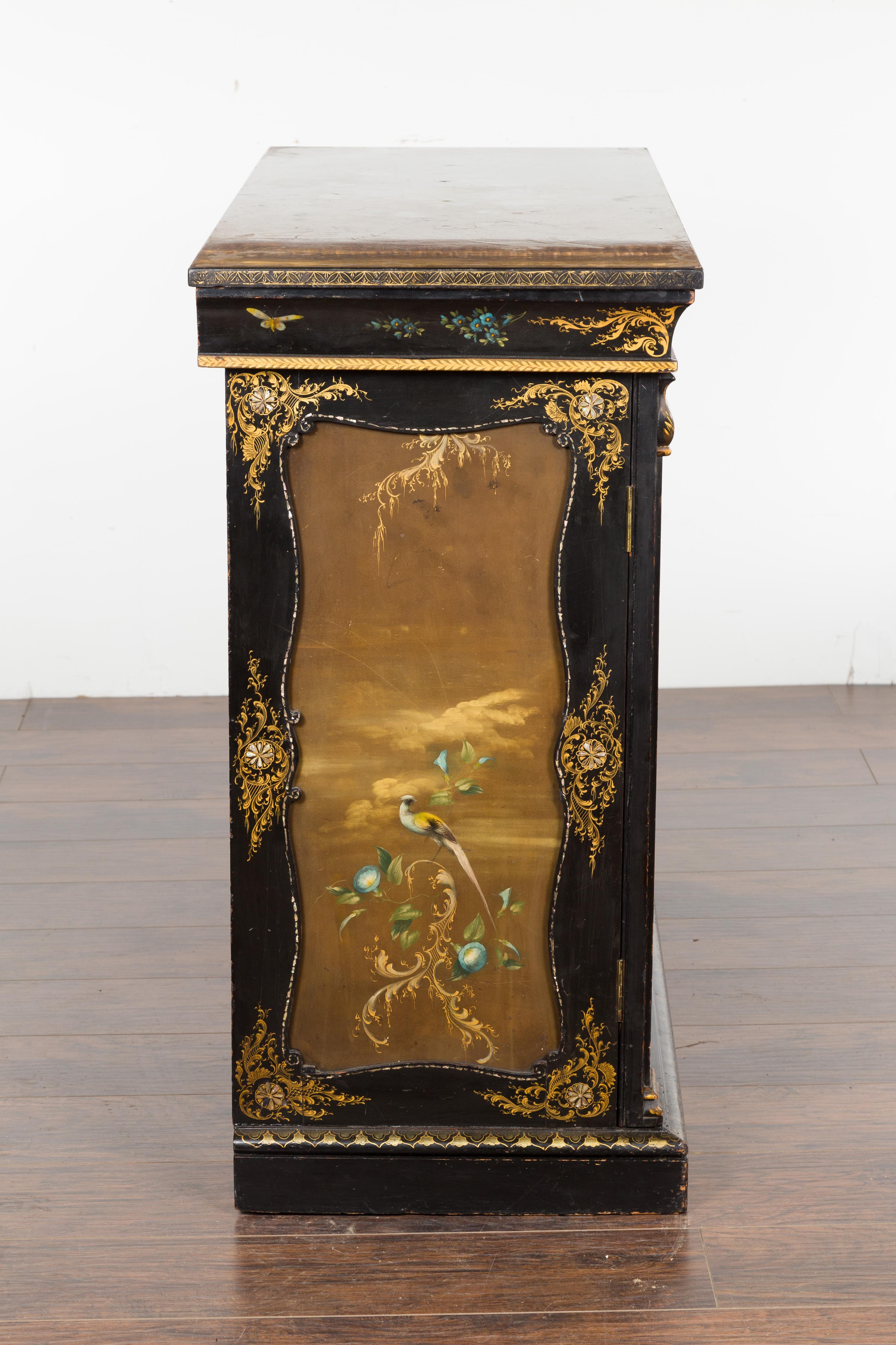 English Black and Gold 19th Century Cabinet with Painted Floral Marble Top 10