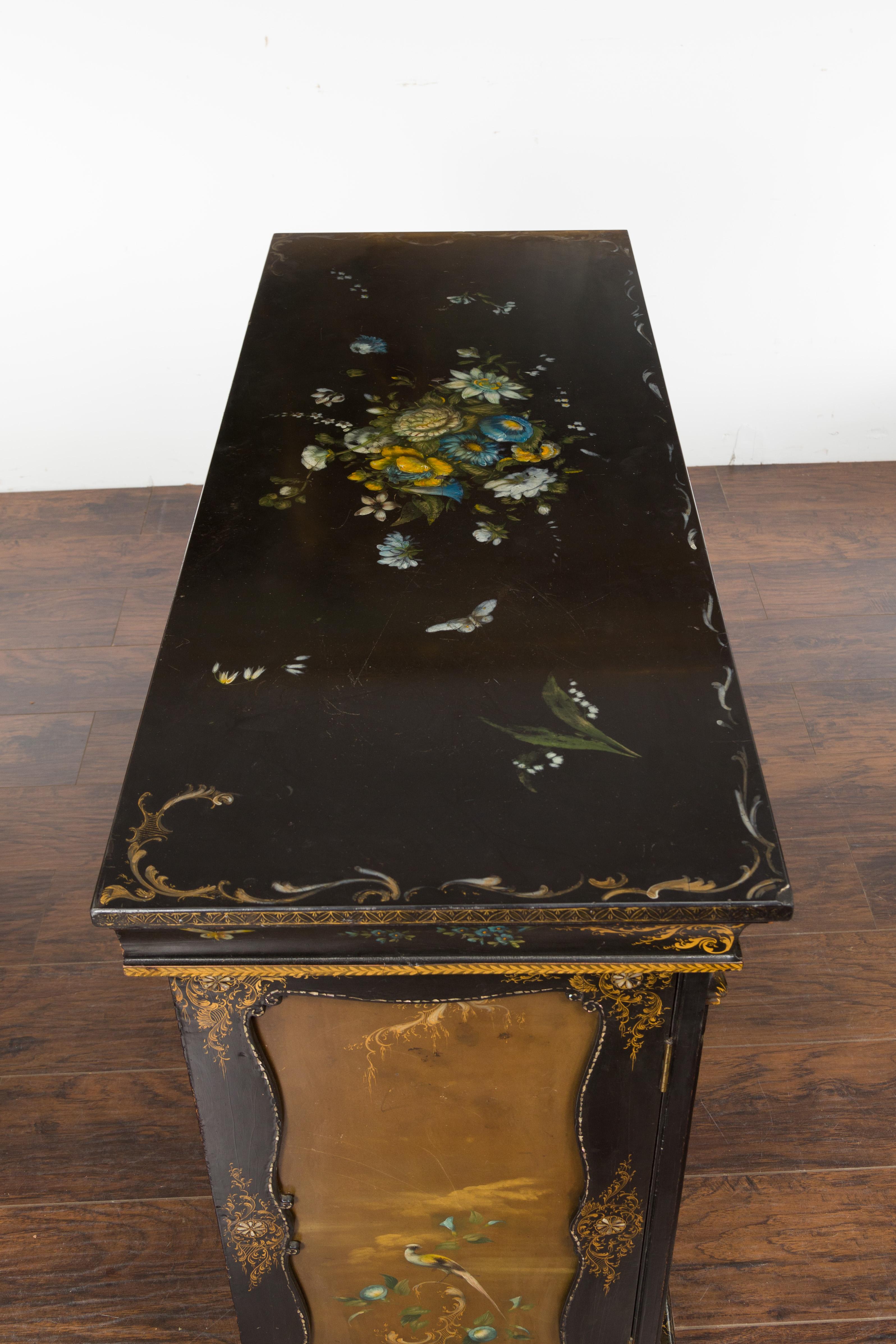 English Black and Gold 19th Century Cabinet with Painted Floral Marble Top 11