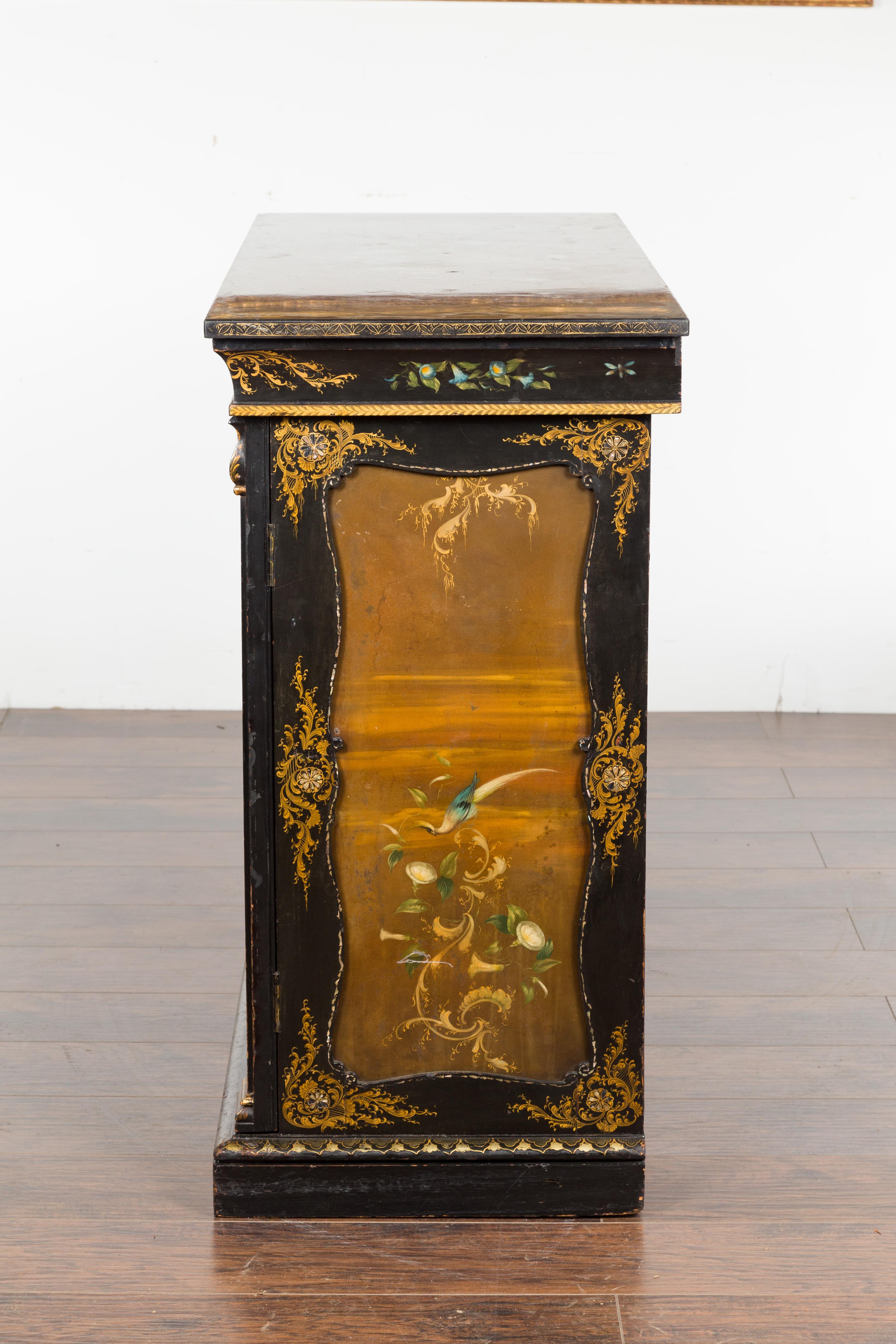 English Black and Gold 19th Century Cabinet with Painted Floral Marble Top 13