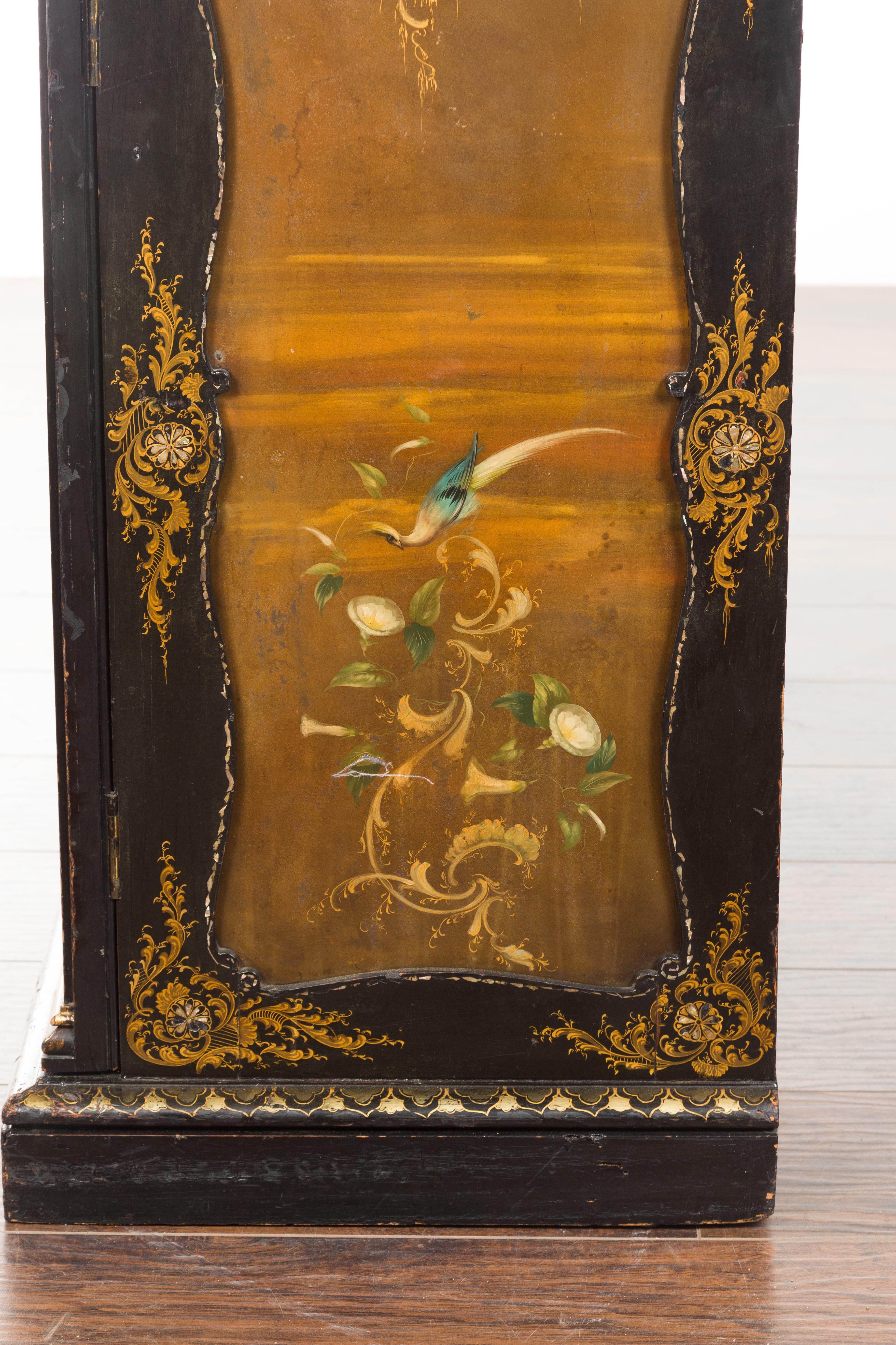 English Black and Gold 19th Century Cabinet with Painted Floral Marble Top 14