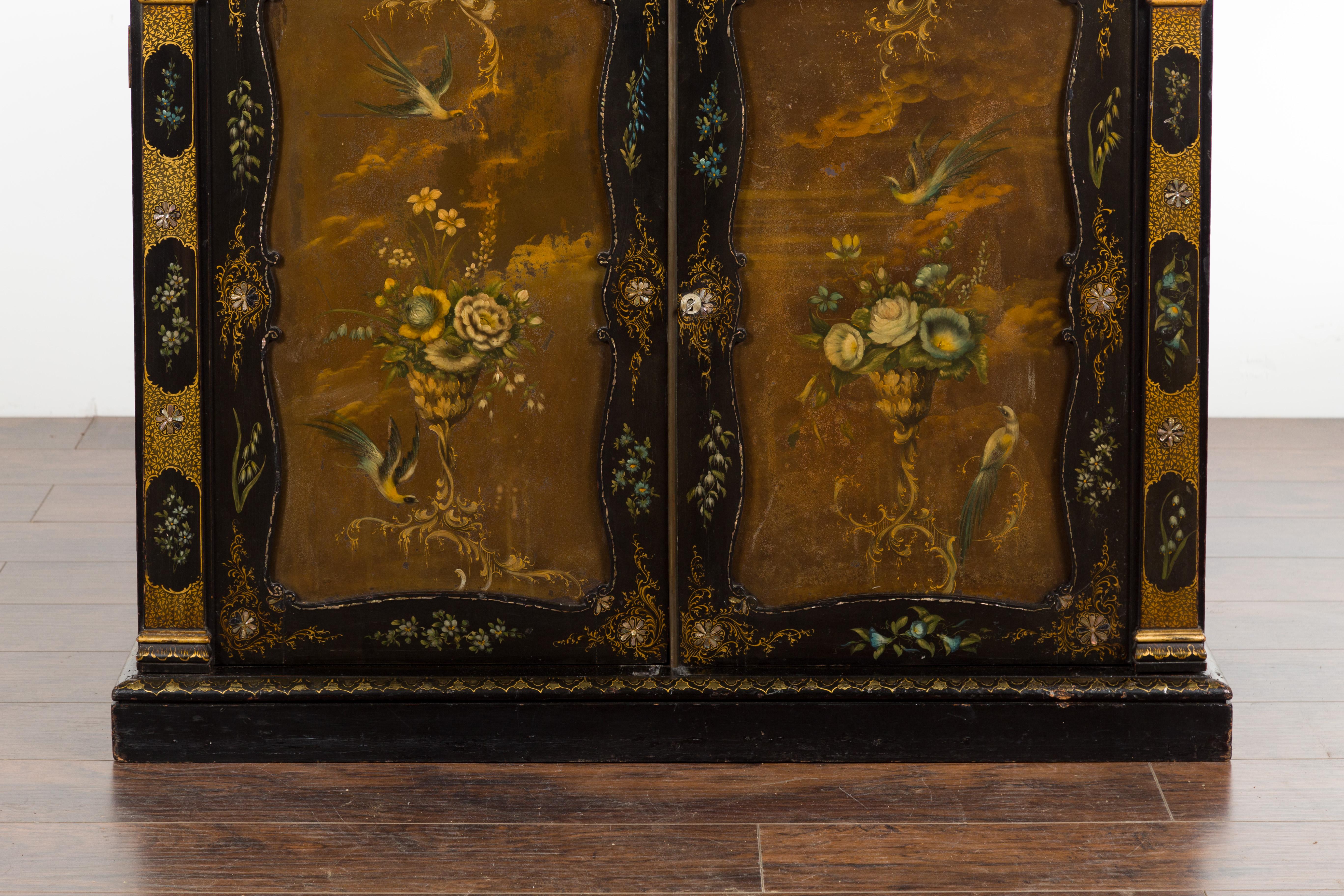 Ebonized English Black and Gold 19th Century Cabinet with Painted Floral Marble Top