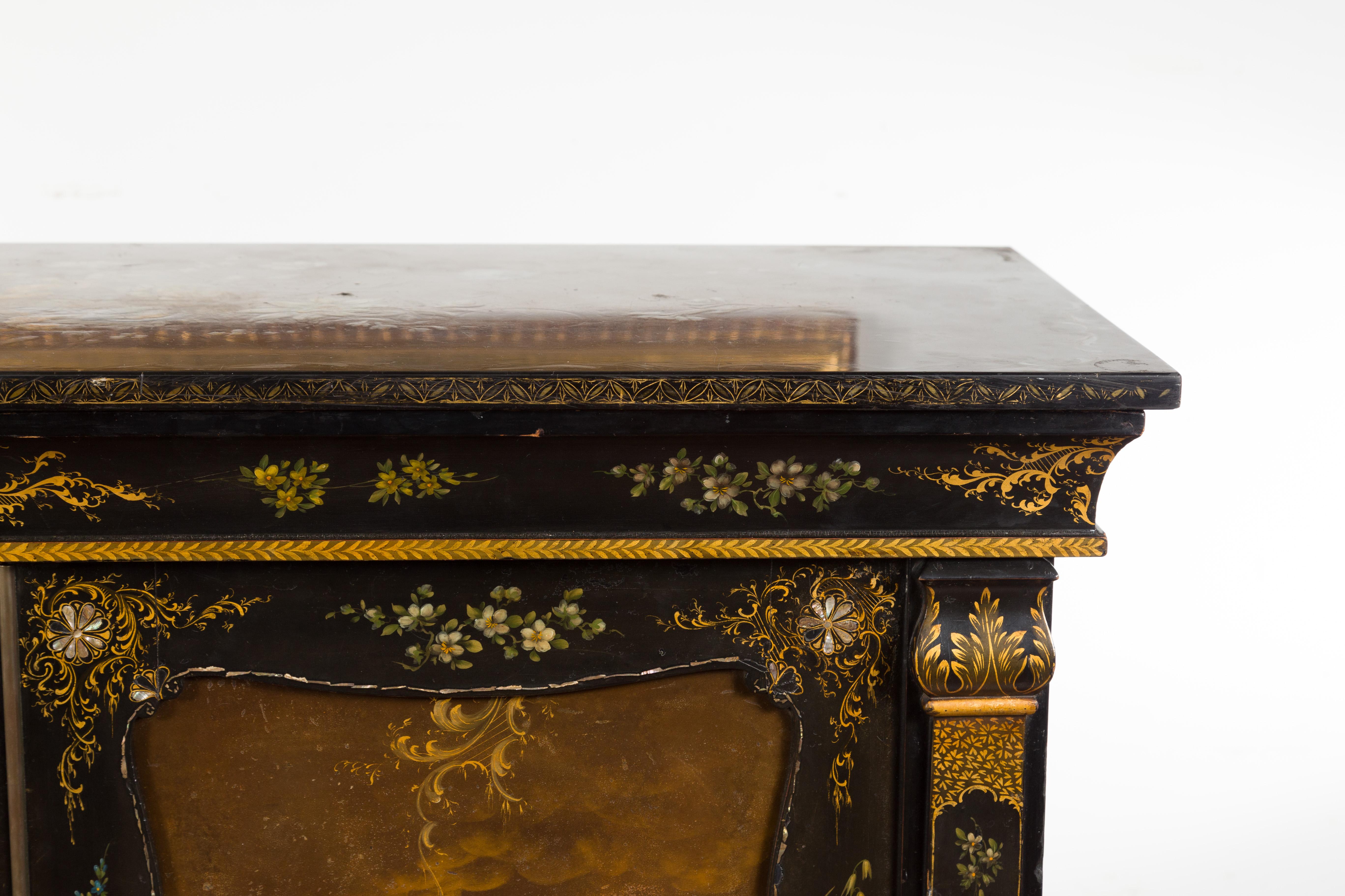 English Black and Gold 19th Century Cabinet with Painted Floral Marble Top In Good Condition In Atlanta, GA