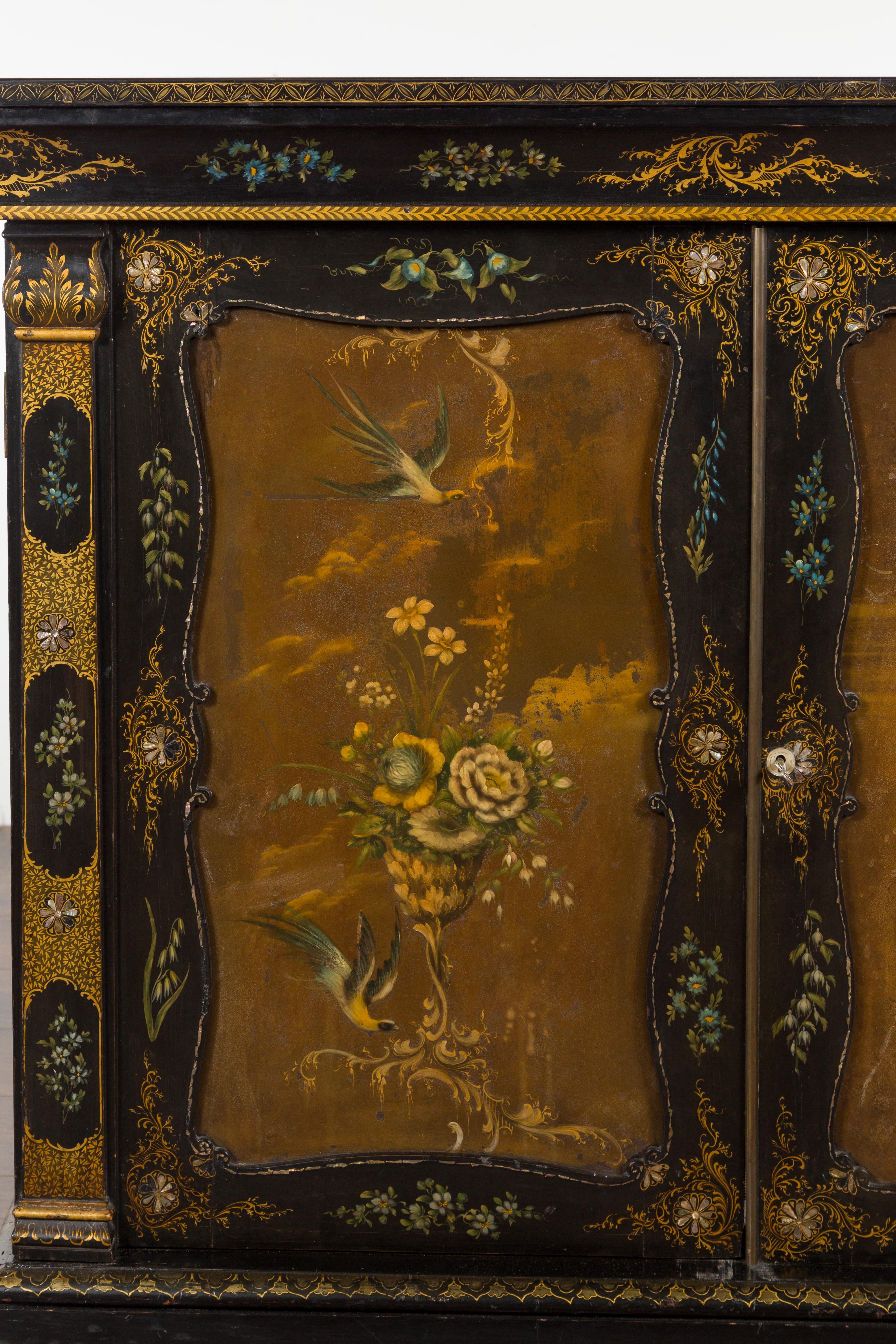 English Black and Gold 19th Century Cabinet with Painted Floral Marble Top 1