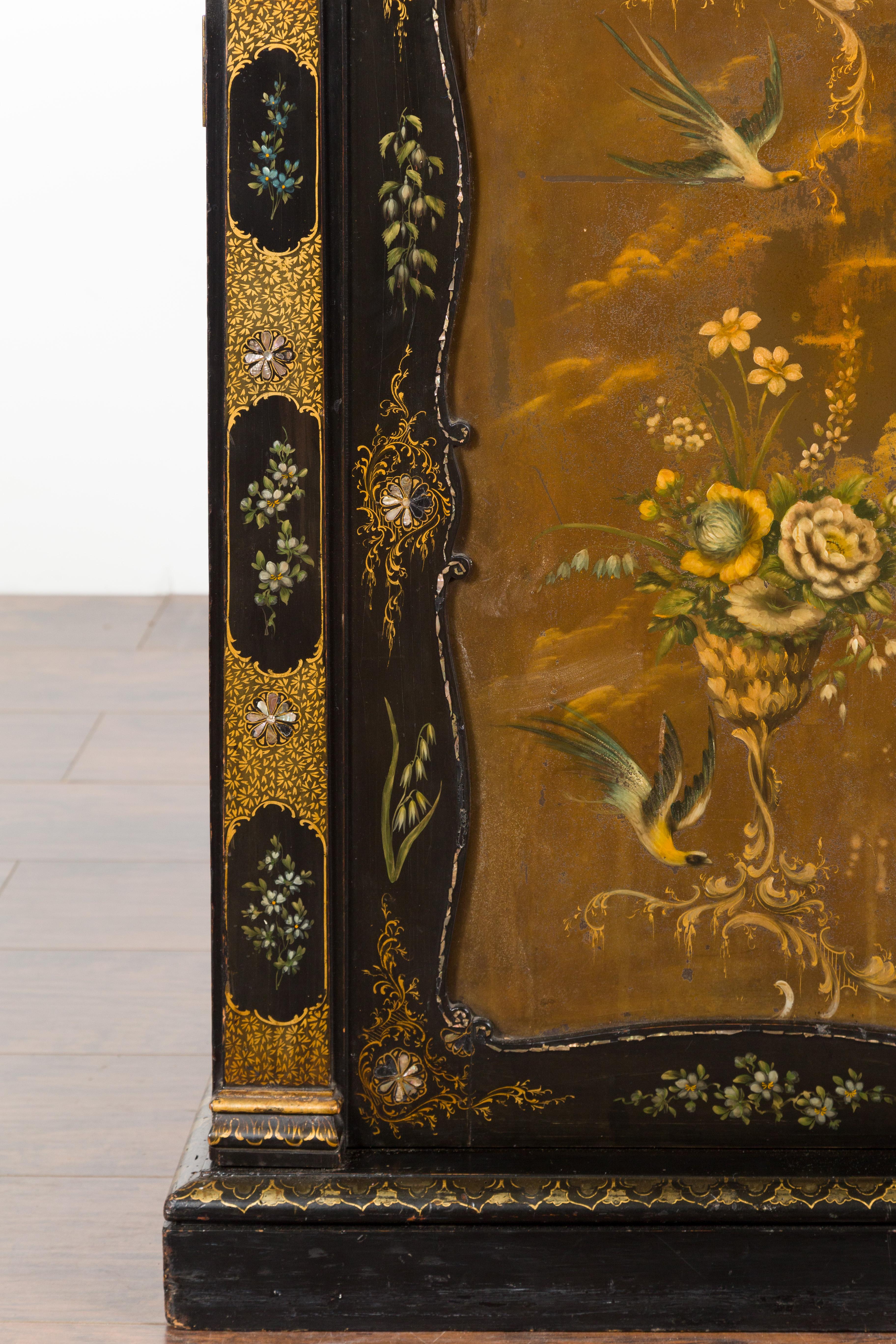 English Black and Gold 19th Century Cabinet with Painted Floral Marble Top 2