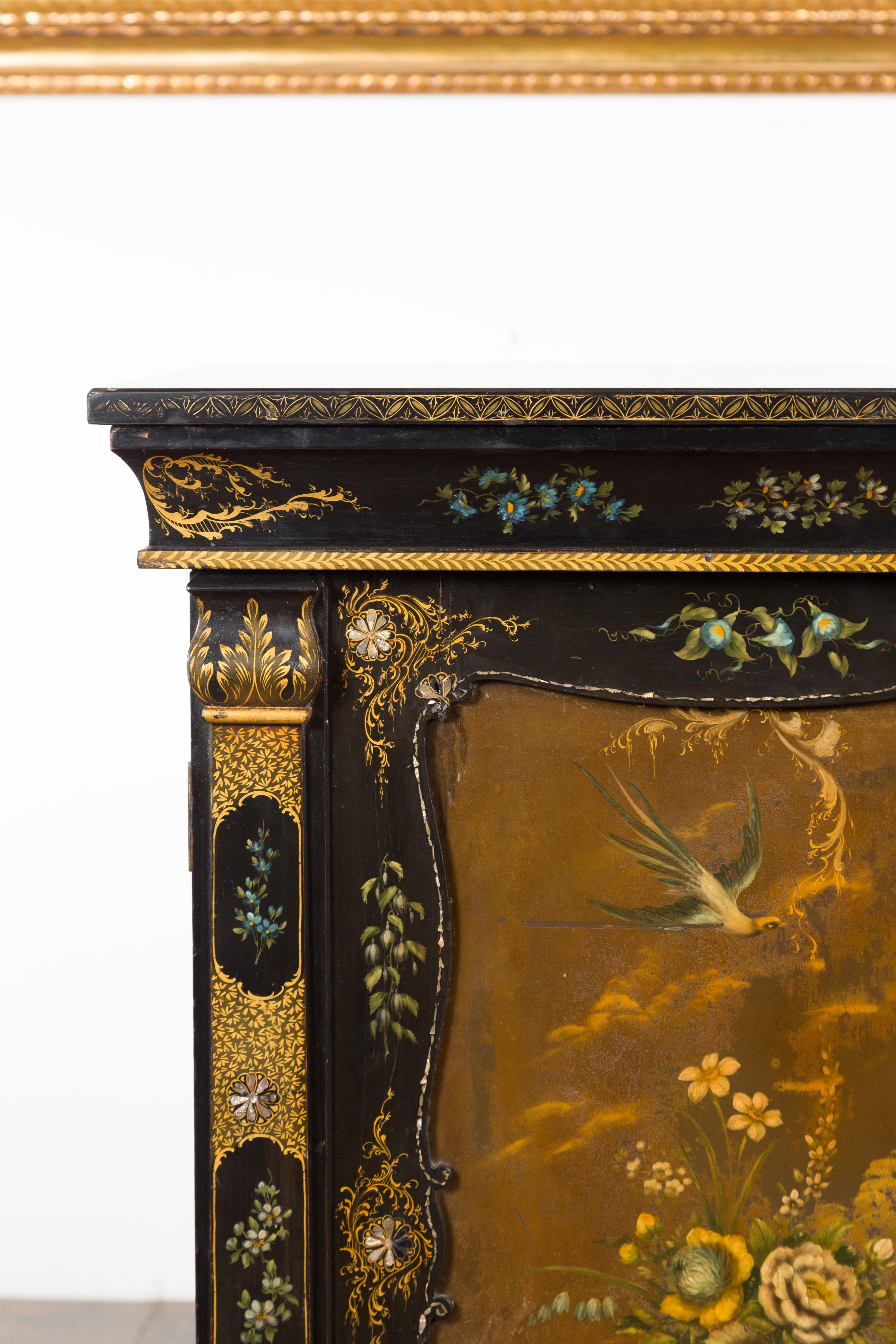 English Black and Gold 19th Century Cabinet with Painted Floral Marble Top 3