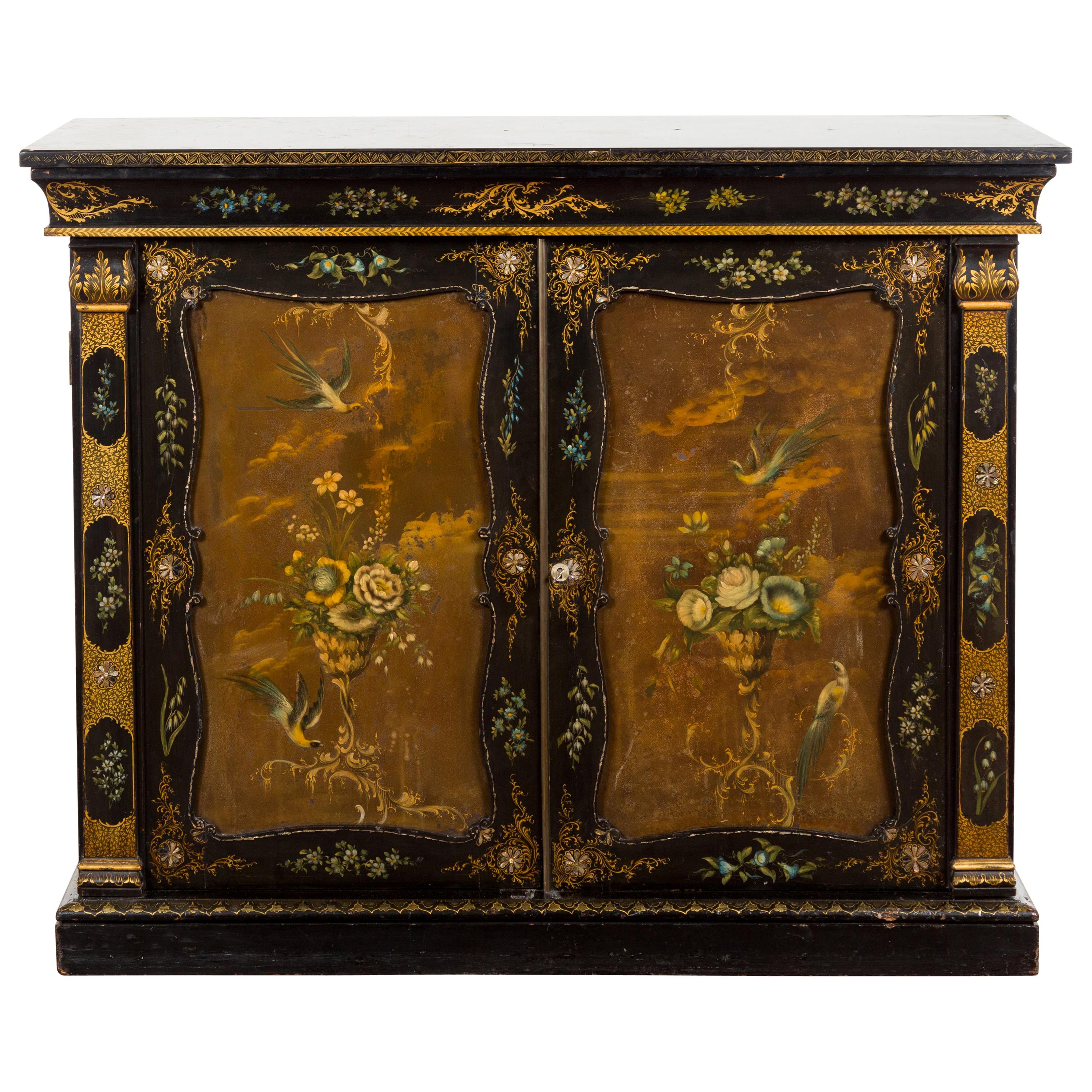 English Black and Gold 19th Century Cabinet with Painted Floral Marble Top