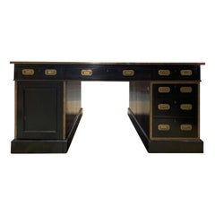 English Black Lacquer Campaign Style Partners Desk, Leather Top, circa 1850-1900