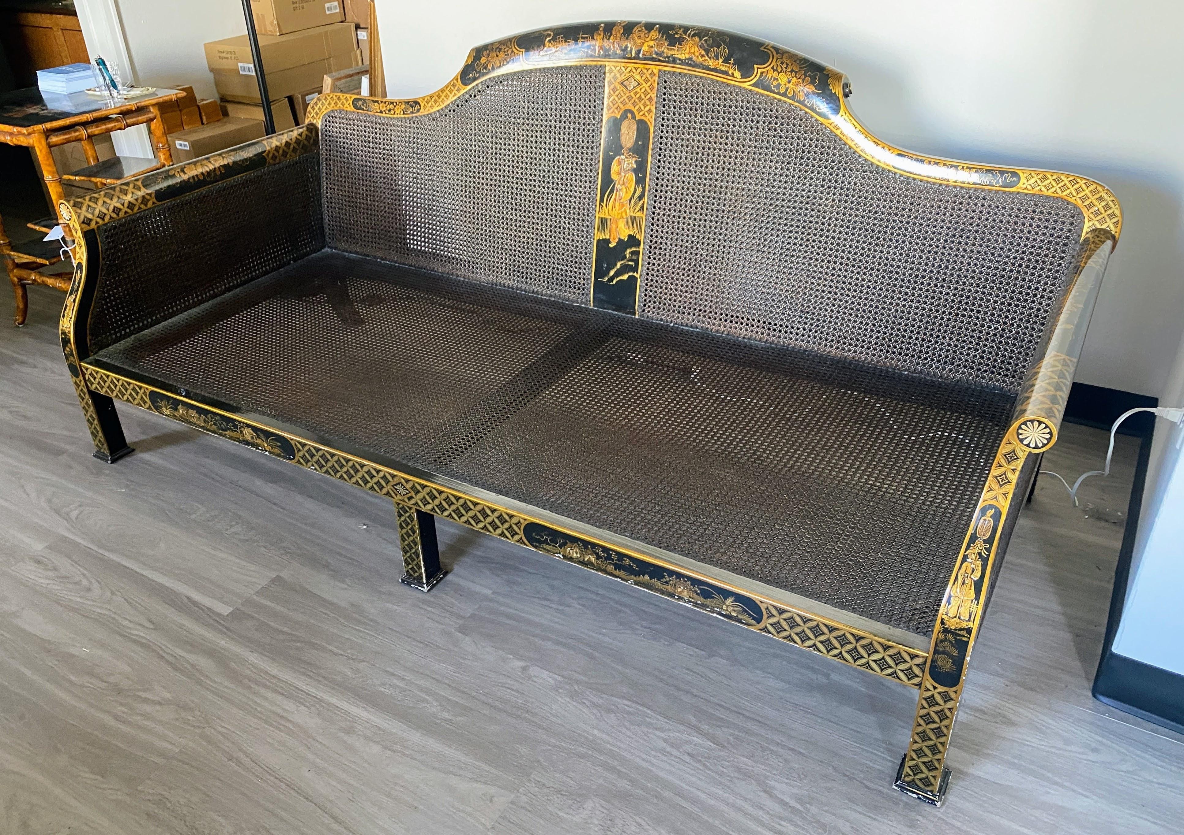 English Black Lacquer Chinoiserie Settee Sofa With Cream and Grey Silk Blend  1