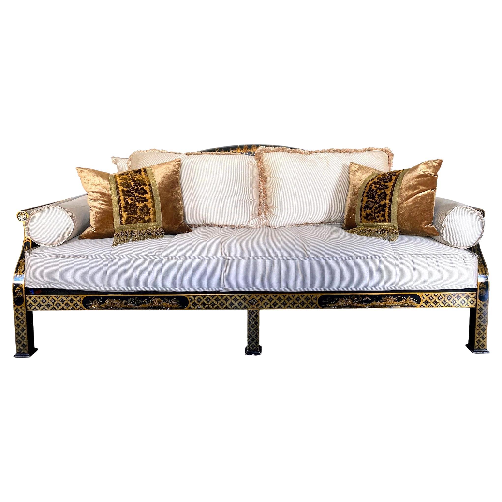 English Black Lacquer Chinoiserie Settee Sofa With Cream and Grey Silk Blend 