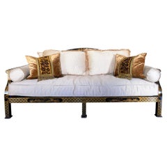 Antique English Black Lacquer Chinoiserie Settee Sofa With Cream and Grey Silk Blend 